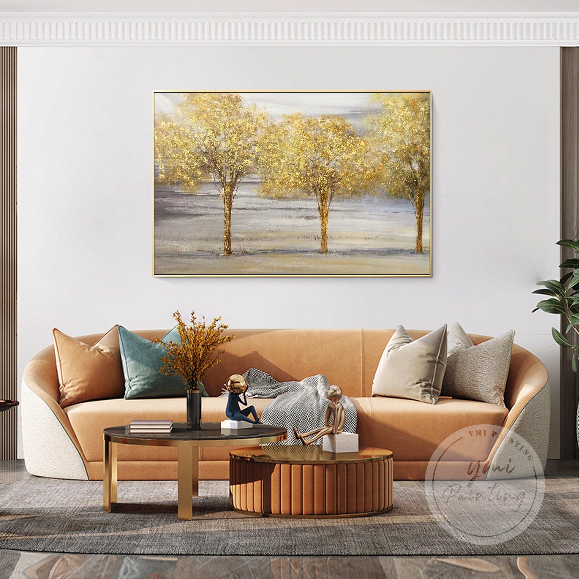 Modern Gold Leaf Landscape Painting, hand-painted with layered textures to enhance depth and artistic appeal.