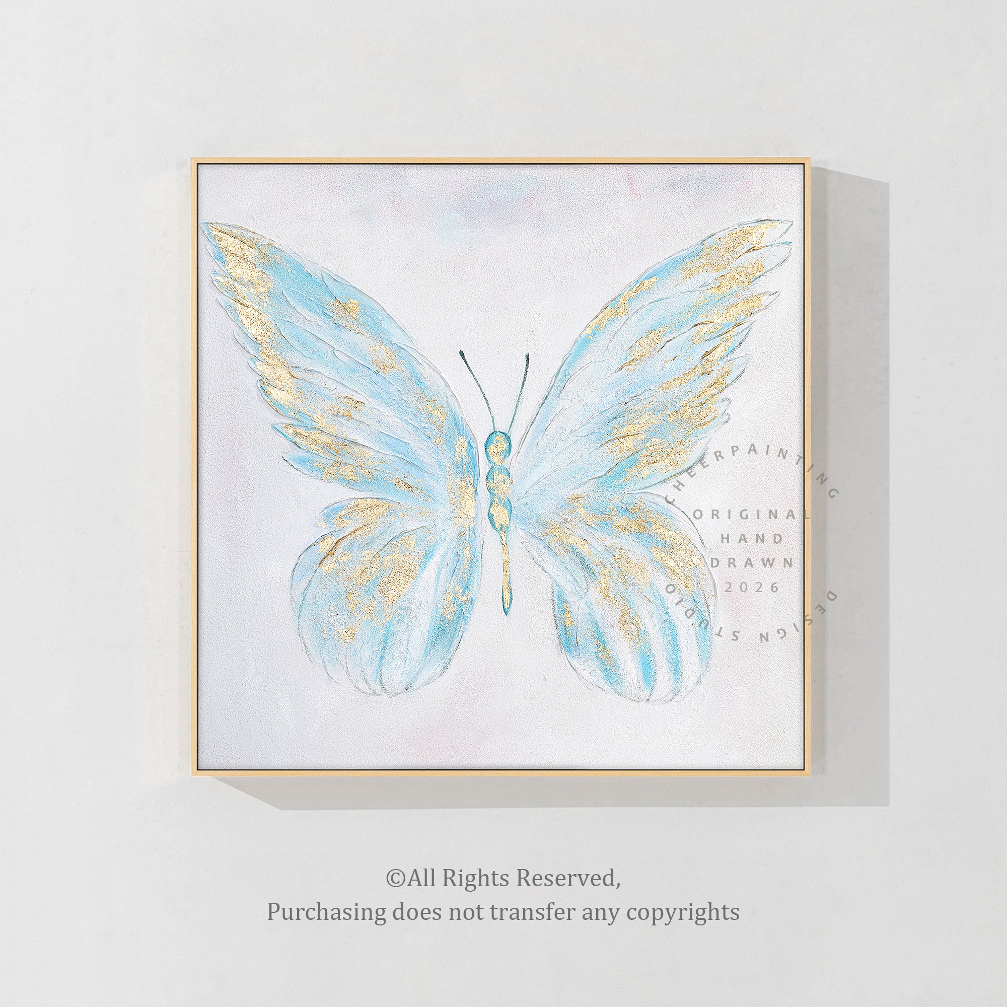 Abstract Light Blue Butterfly Painting on a neutral canvas, designed to bring harmony and sophistication to your home.