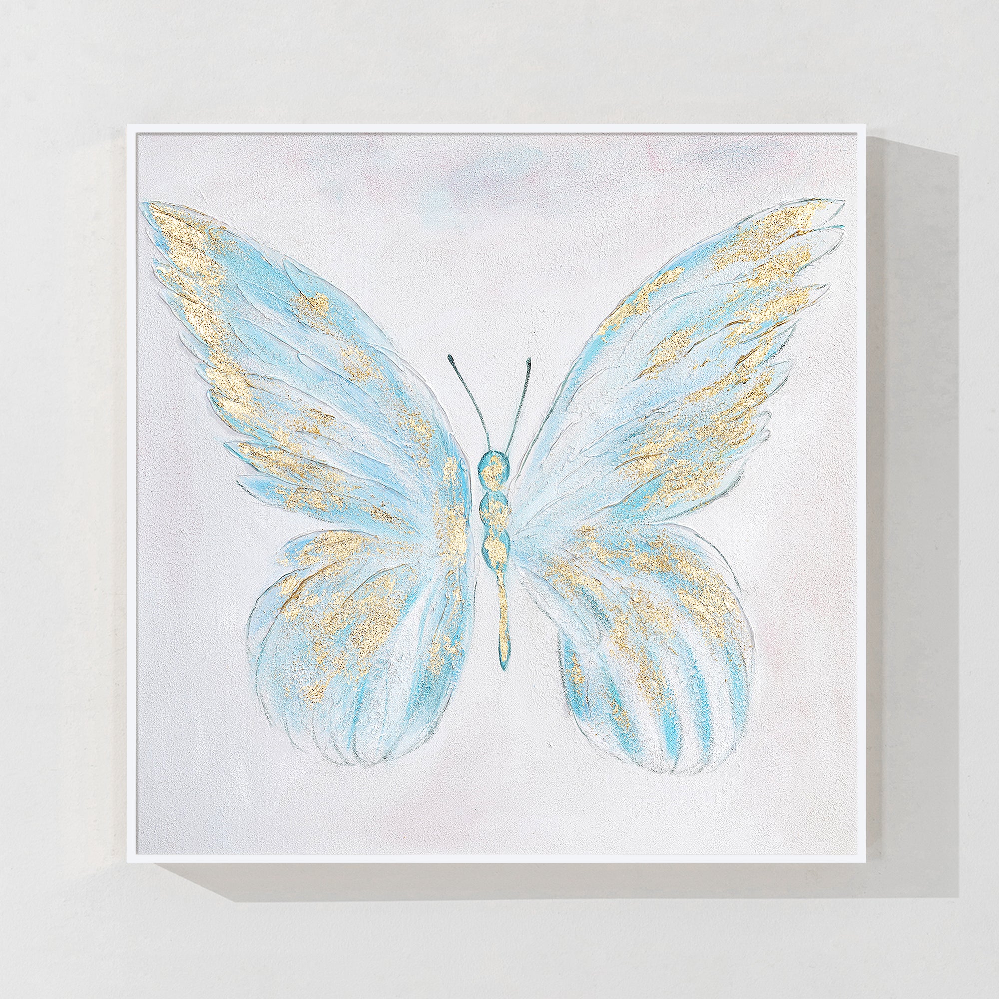 Abstract Light Blue Butterfly Painting on a neutral canvas, designed to bring harmony and sophistication to your home.