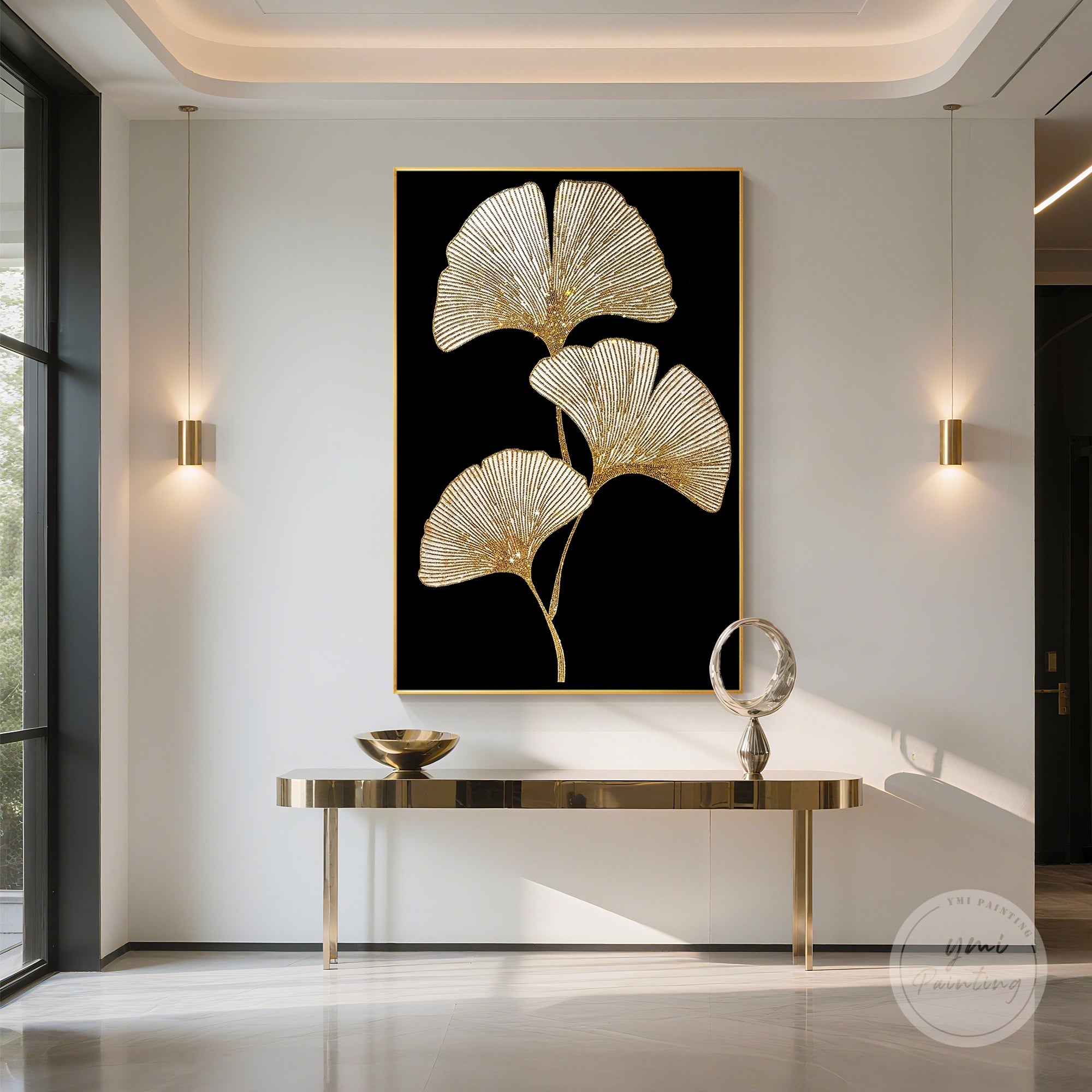 Hand-crafted luxury crystal painting featuring golden ginkgo leaves, adding elegance and shimmer to any room.