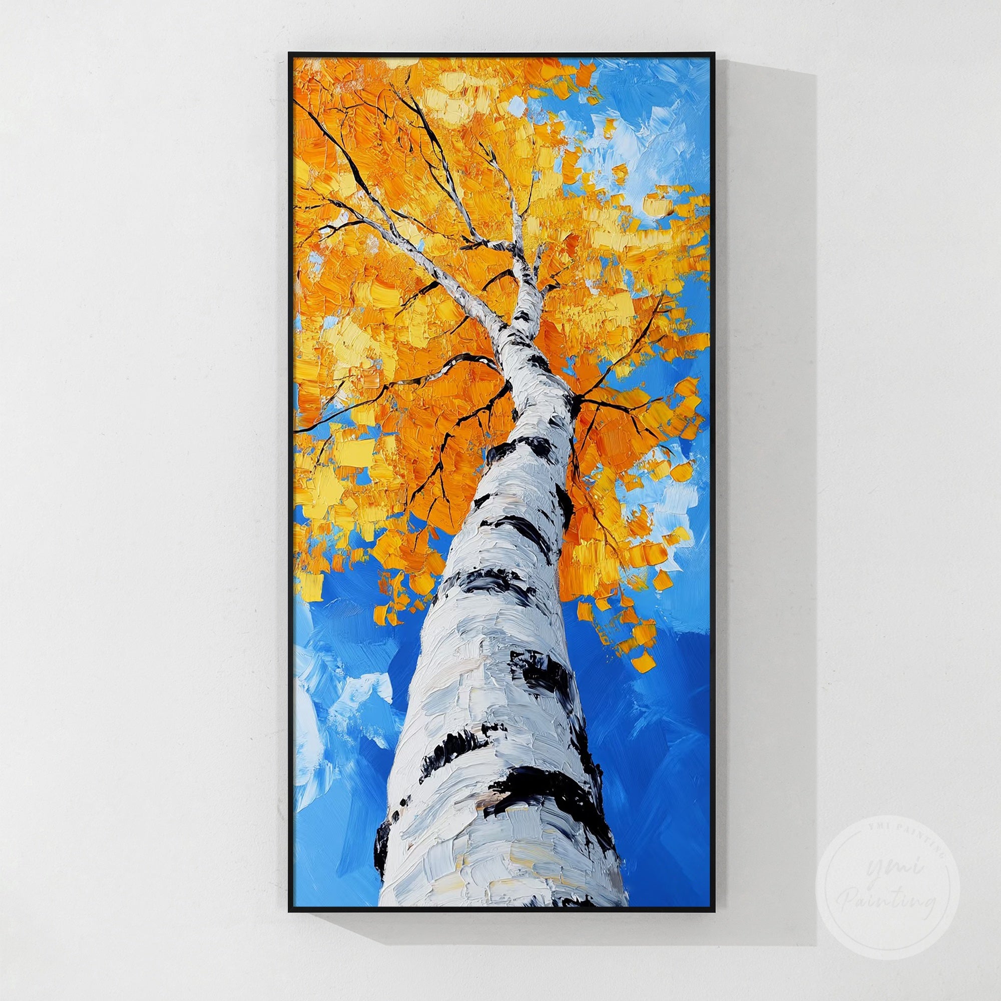 Hand-painted tree artwork featuring vibrant fall leaves and a textured finish.