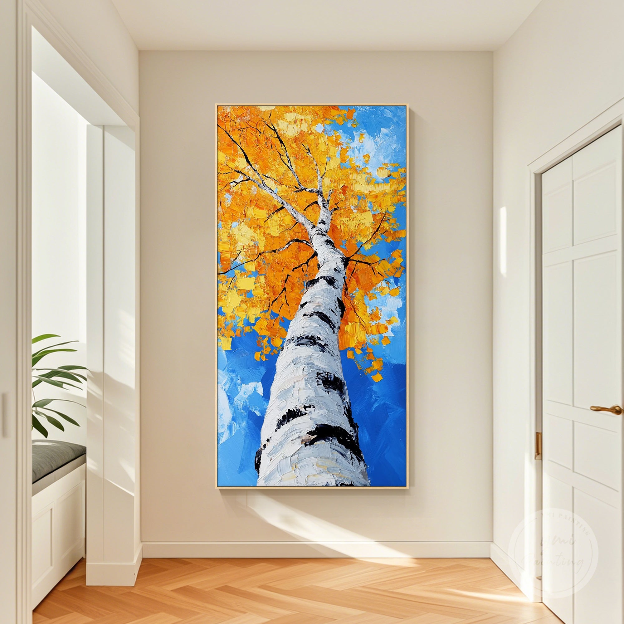 Hand-painted autumn landscape artwork in rich orange, brown, and gold hues.