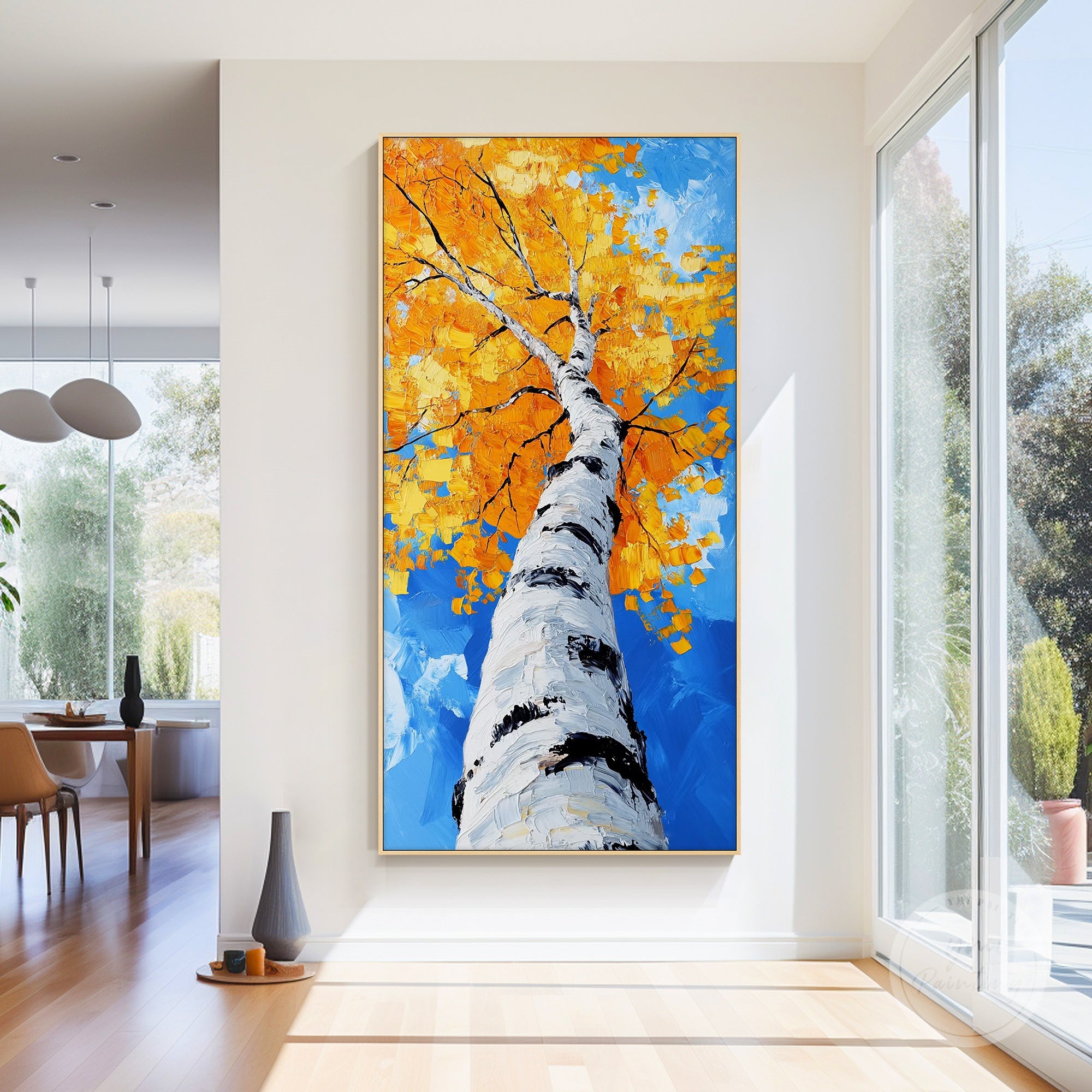 Textured fall tree painting ideal for living rooms, bedrooms, or office spaces.