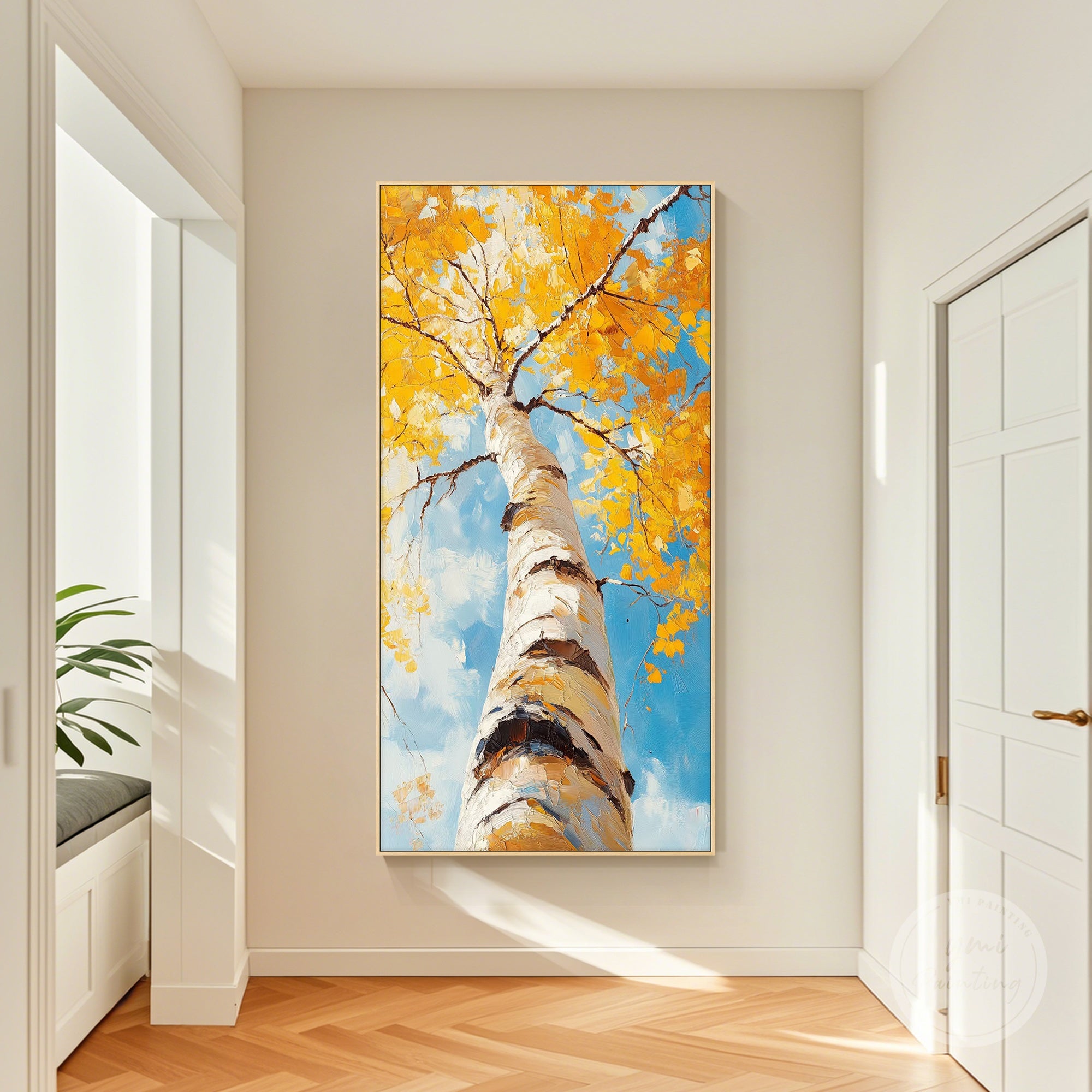 Autumn acrylic painting with warm oranges, yellows, and reds, enhancing cozy interiors.