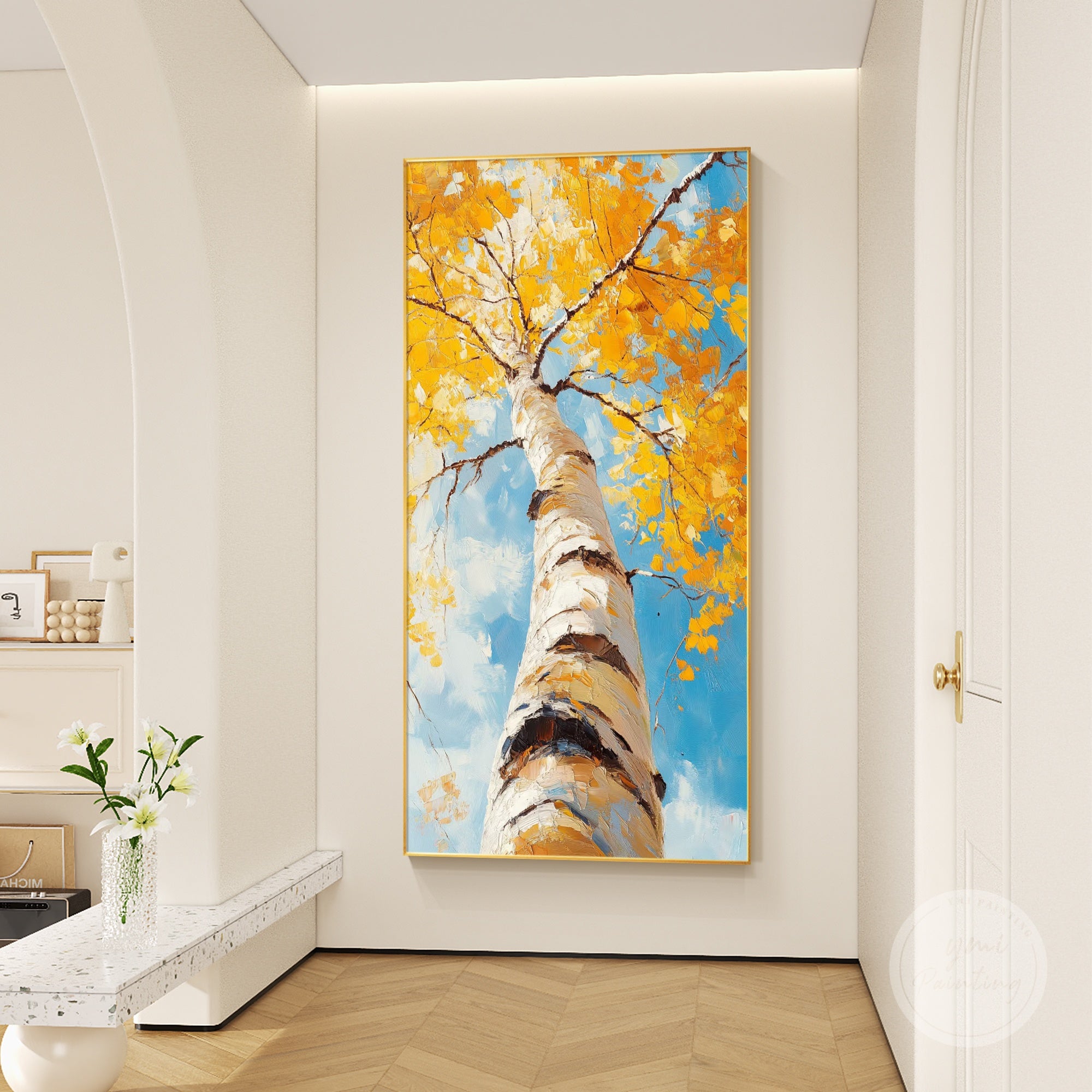 Hand-painted fall tree artwork with textured details, suitable for modern and classic spaces.