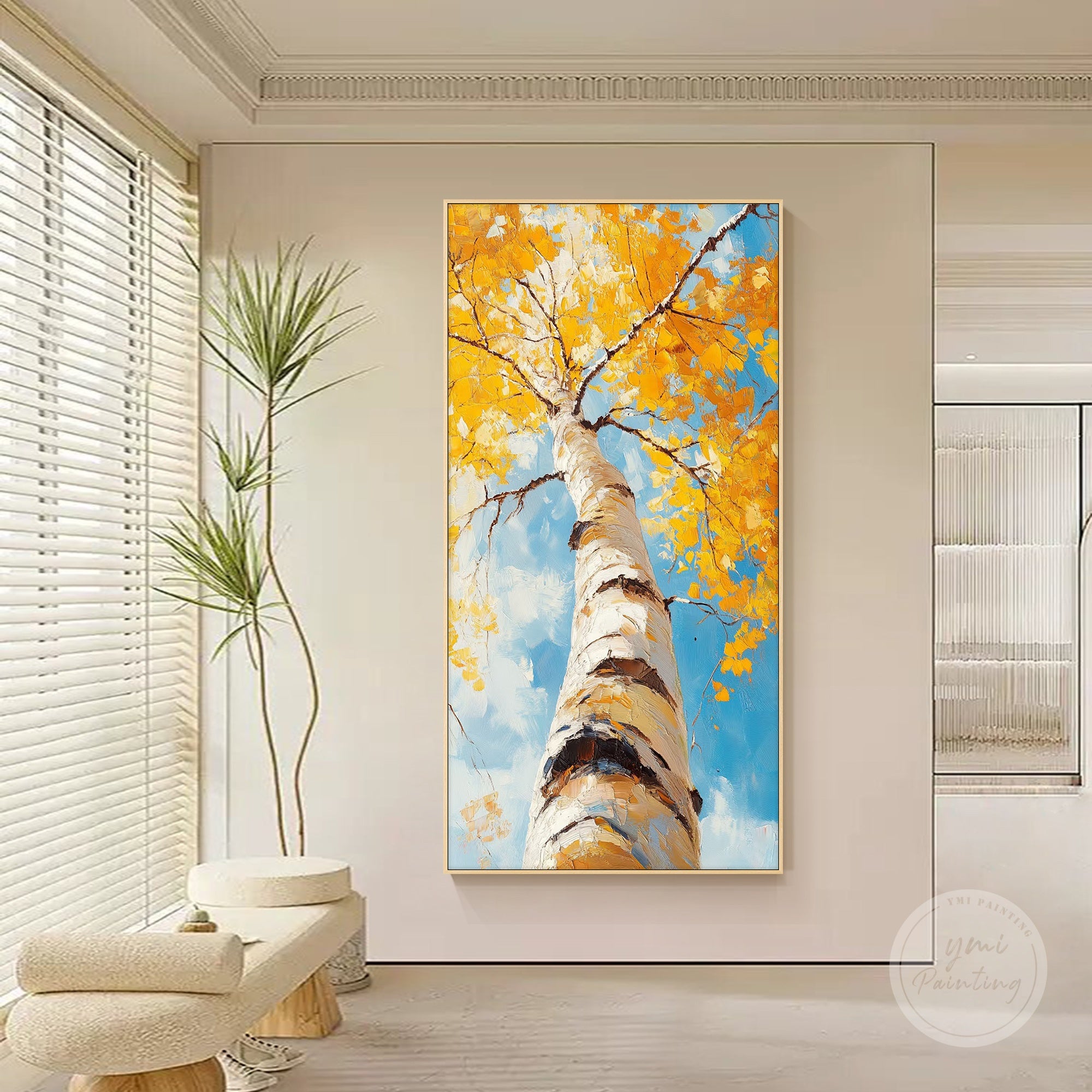 Large framed autumn painting that adds warmth and seasonal charm to any room.