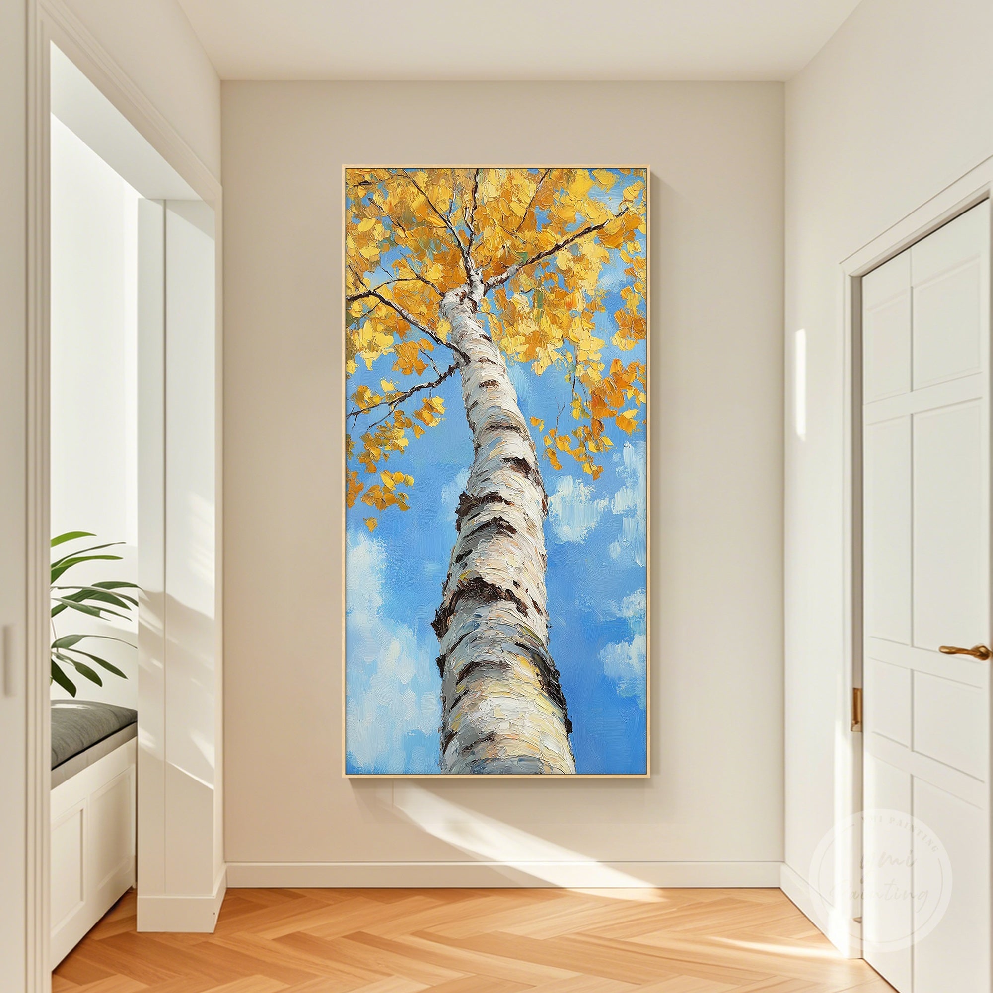 Large autumn wall art with warm oranges, reds, and yellows, enhancing cozy interiors.