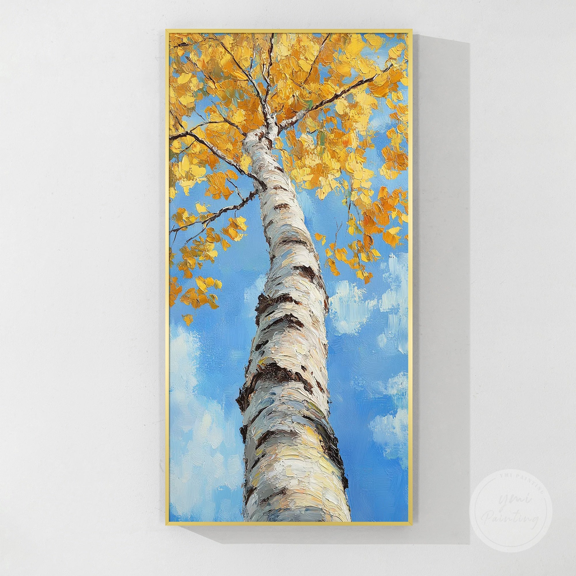 Large framed autumn painting with rich color layers, ideal for statement walls.