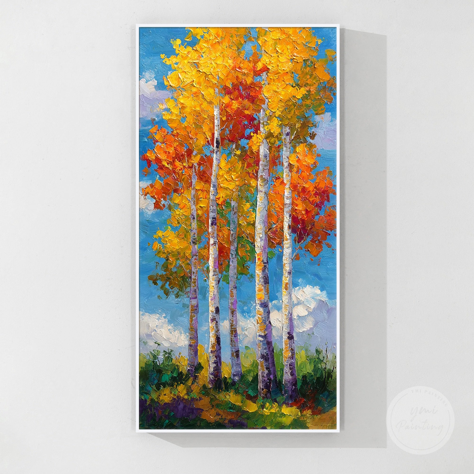 Living room tree painting with soft textures and a peaceful forest theme.