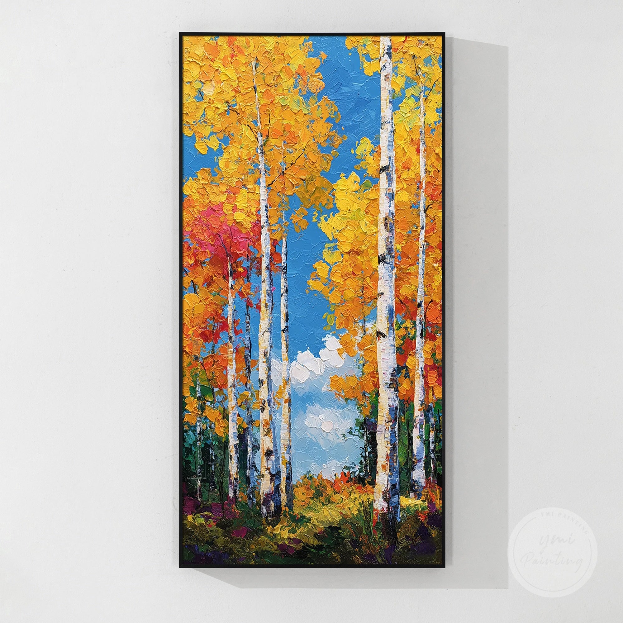 Forest scene painting with textured layers, offering depth and visual interest.