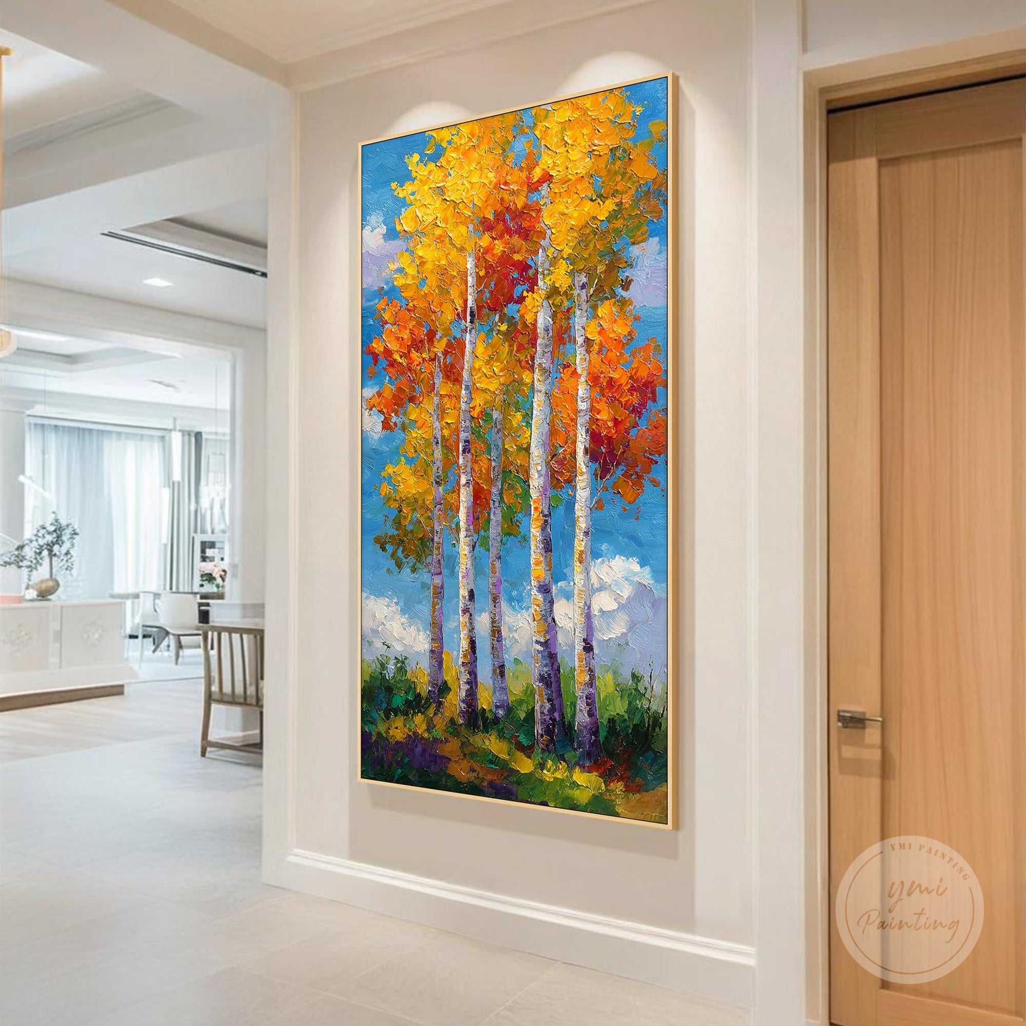 Oversized canvas forest landscape with gentle earth tones and calming tree silhouettes.
