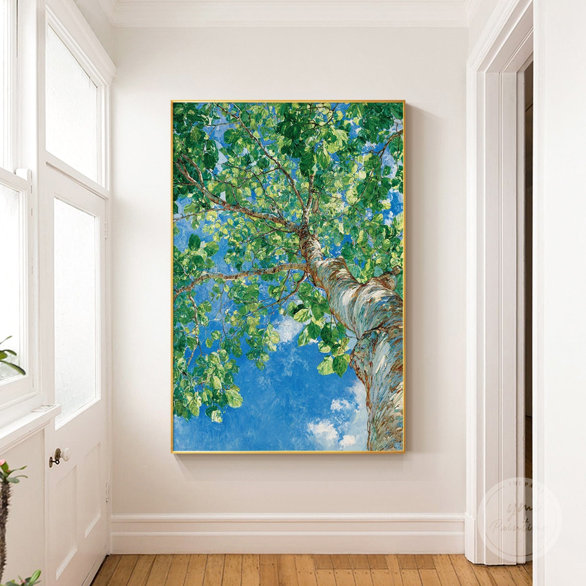 Vertical nature painting with sunlit layered green leaves