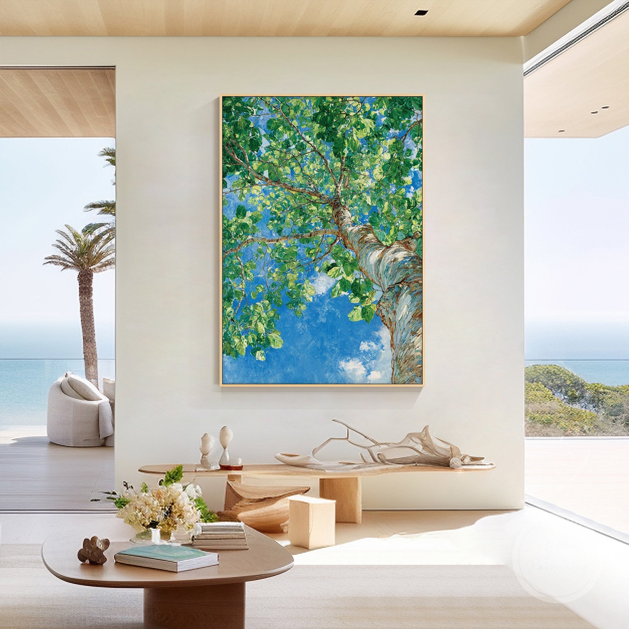 Vertical canvas art featuring tree trunk on right, branches extending left
