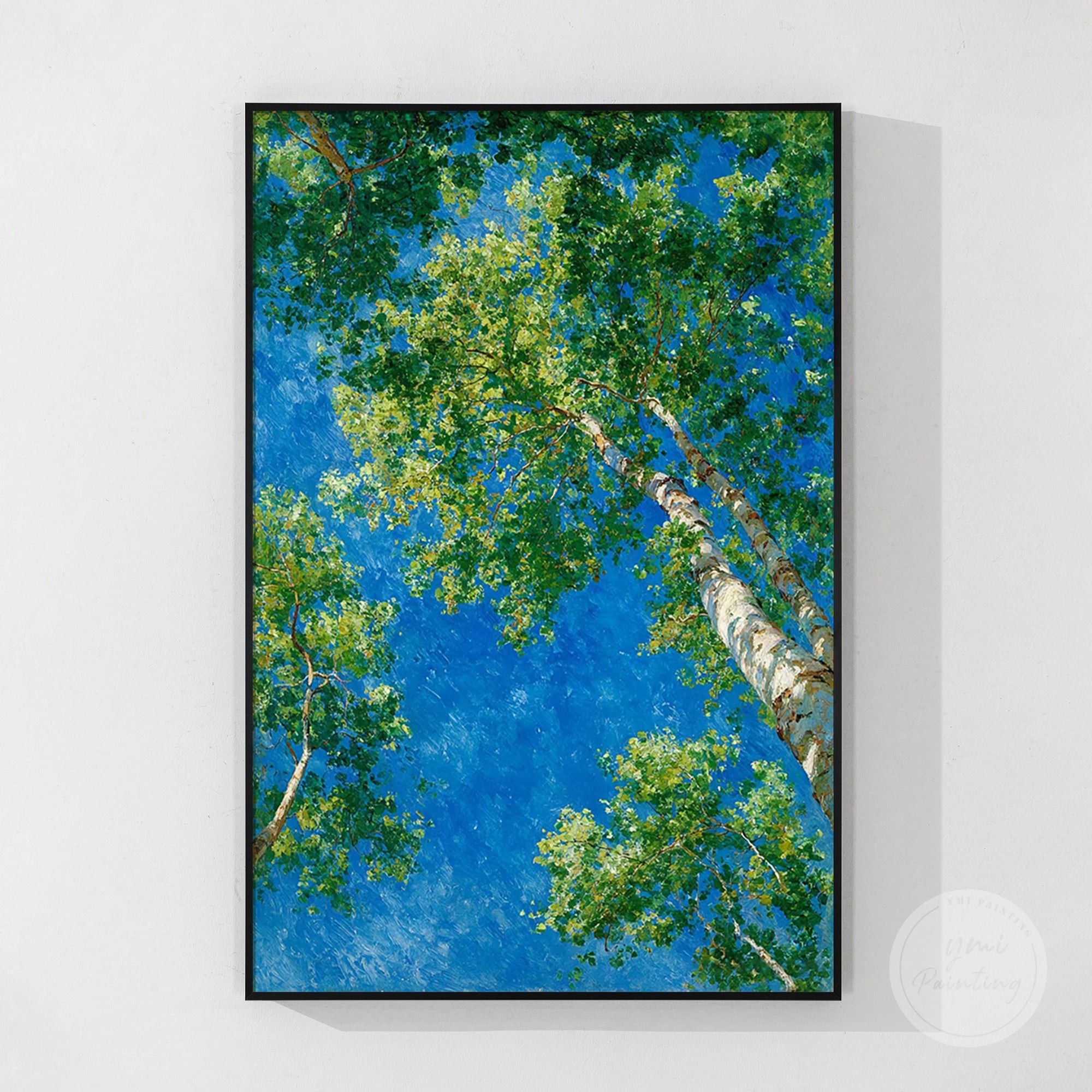 Vertical canvas art capturing sunlit forest and serene natural scene