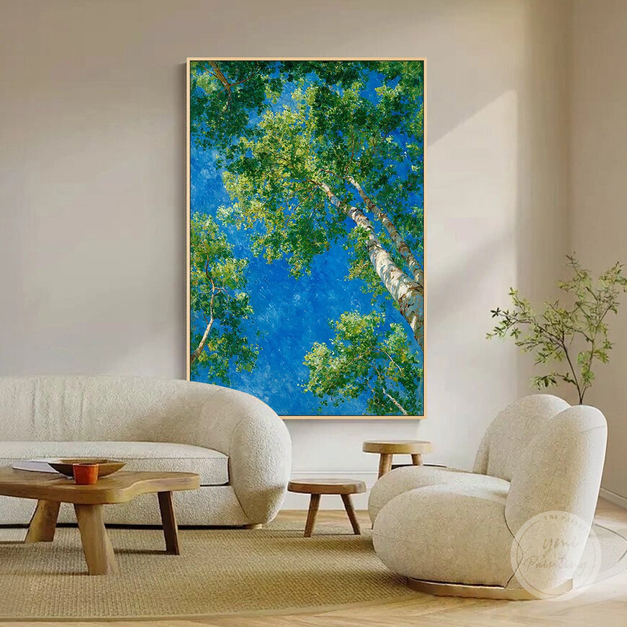 Impressionist nature painting with layered green foliage and blue sky gradient
