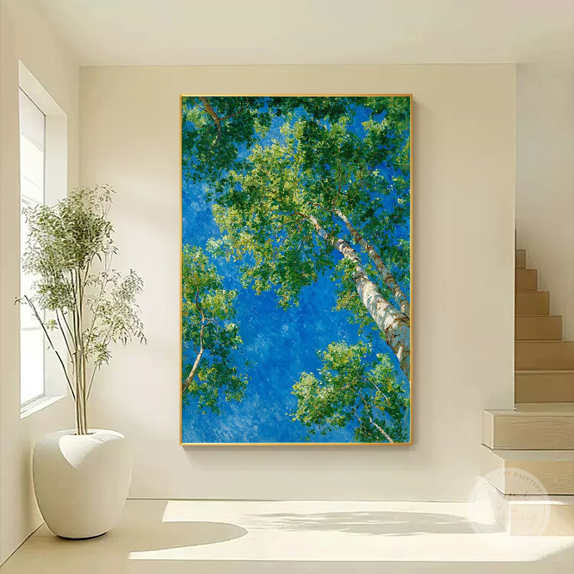 Original vertical forest oil painting with sunlight filtering through leaves