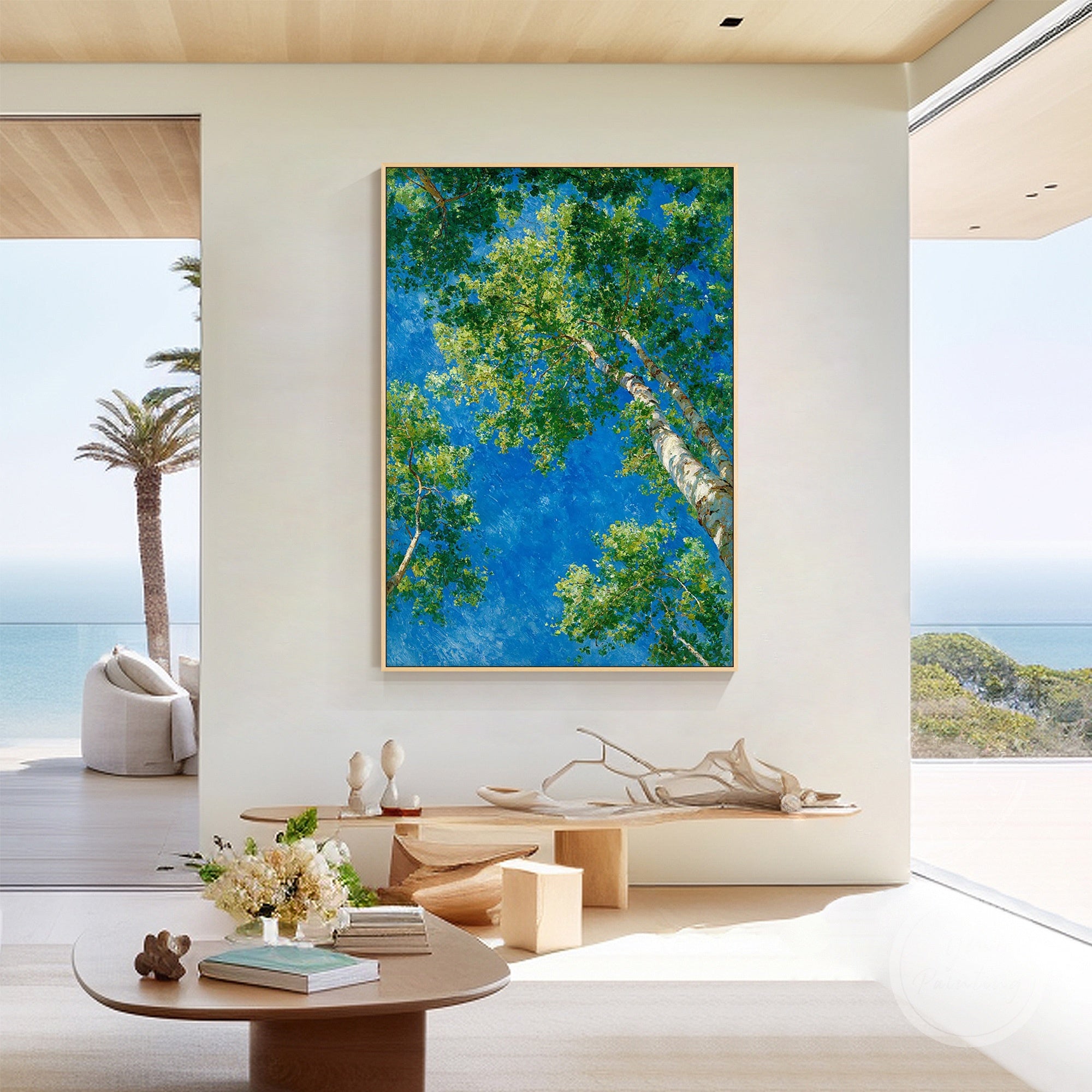 Handcrafted vertical wall art with tree trunks on left and right, branches reaching center