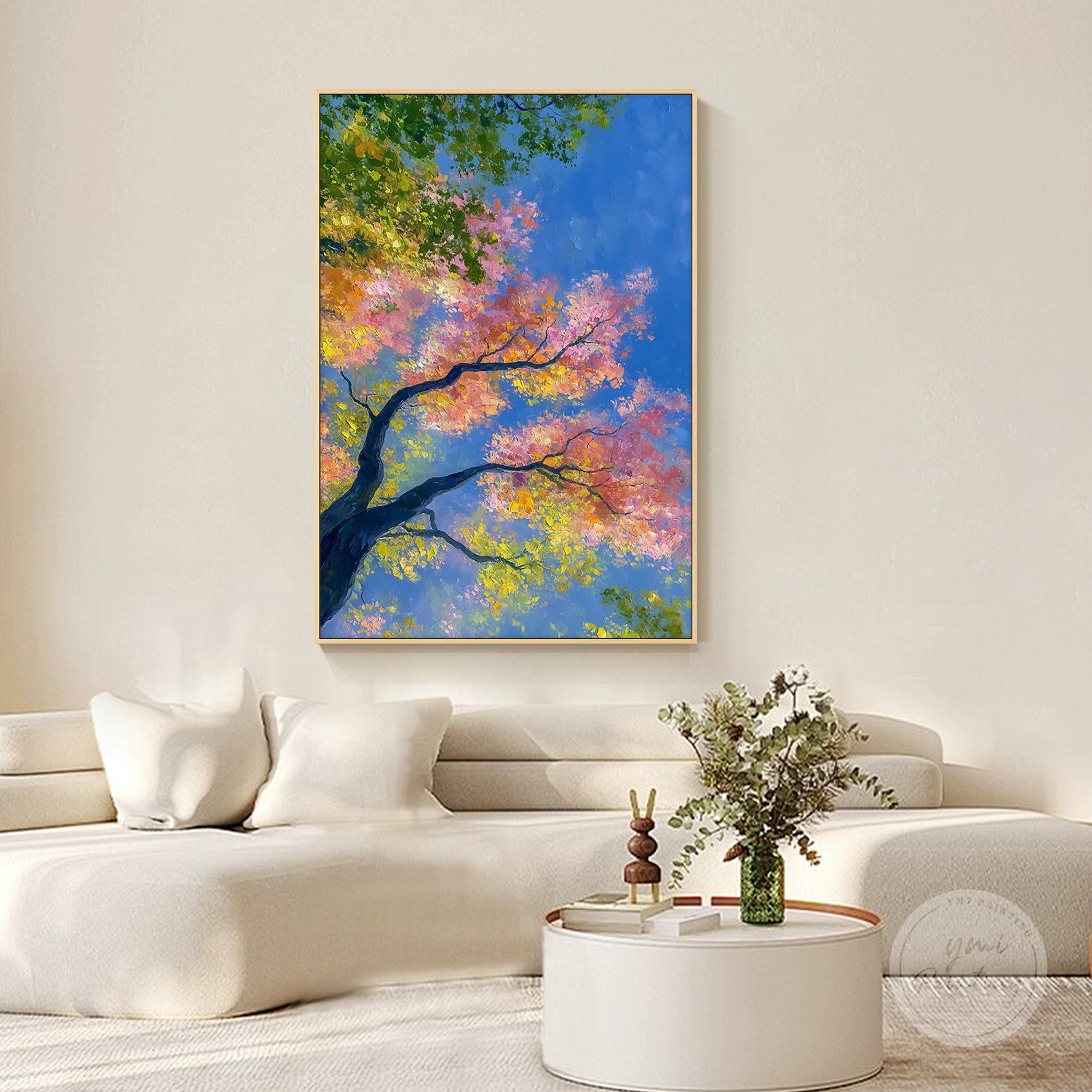 Impressionist nature painting with layered orange, yellow, pink, and green leaves