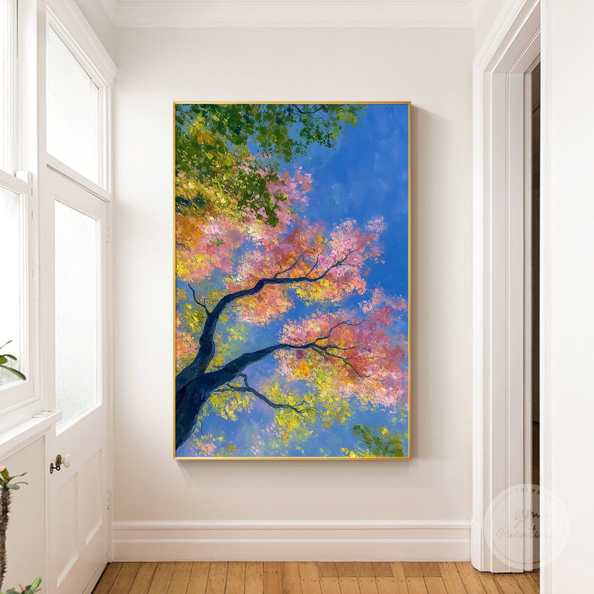 Original vertical fall tree oil painting with sunlight filtering through leaves