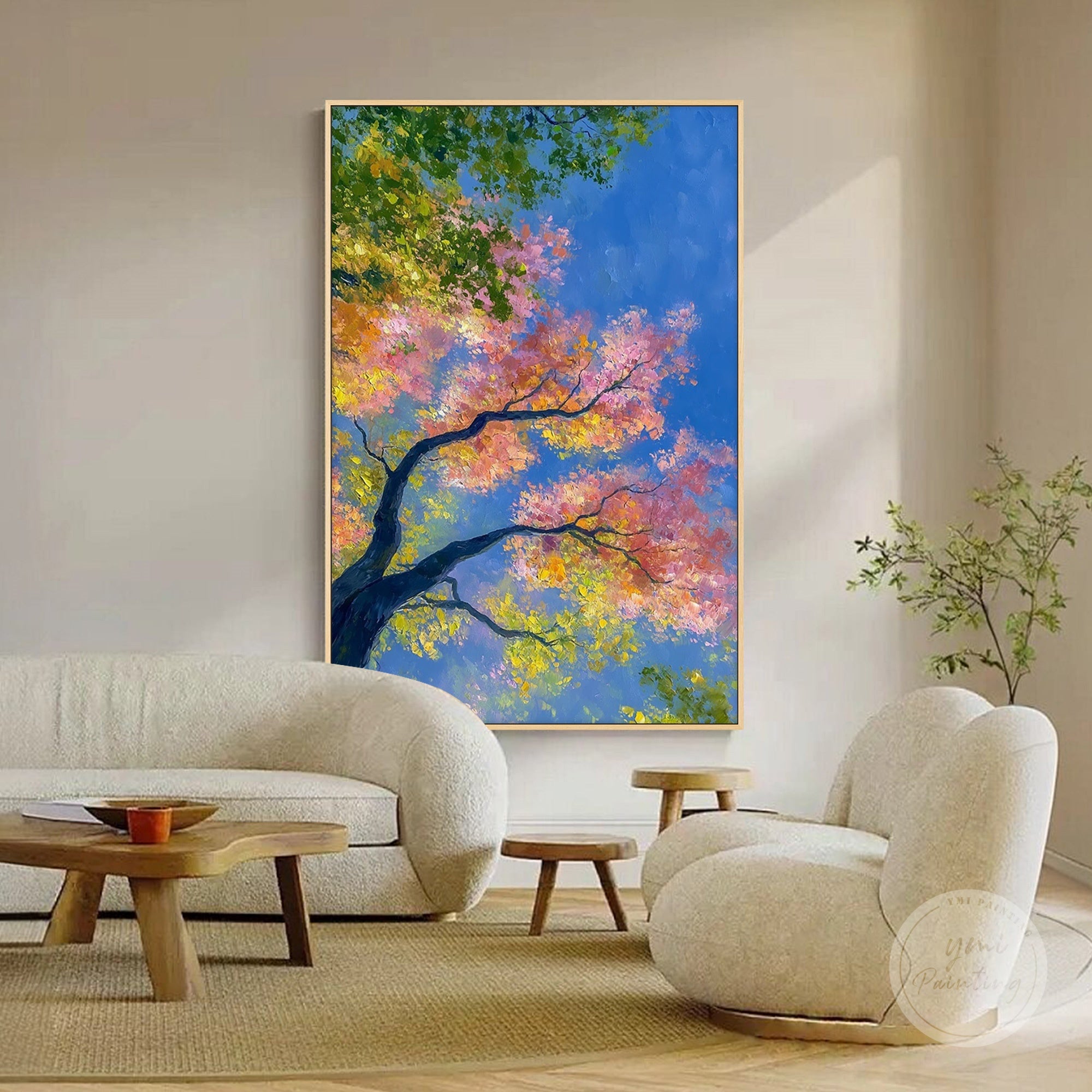 Thick impasto brushstrokes creating rich texture on tree and foliage