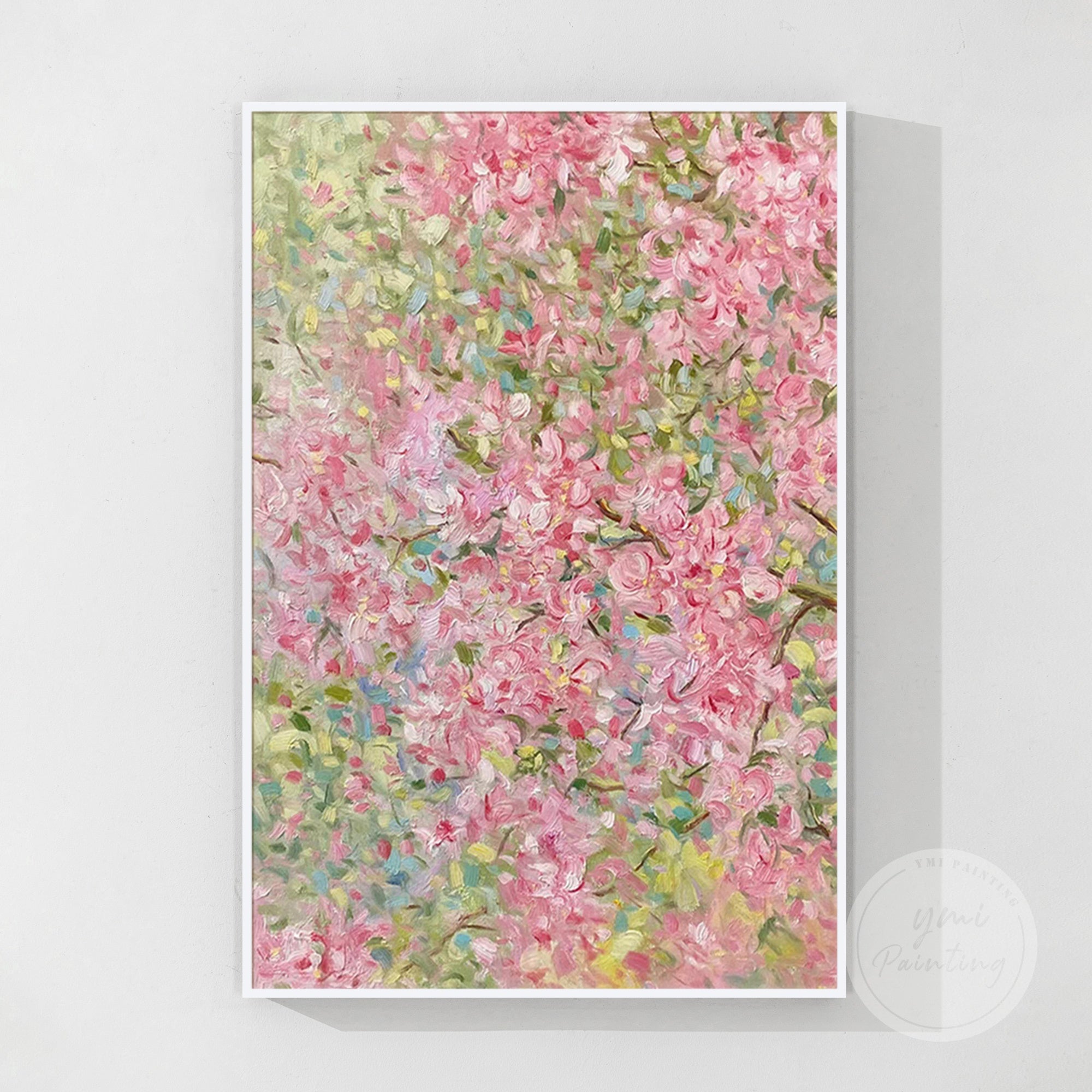 Elegant impressionist flower painting in pink and green, ideal for modern or classic interiors.