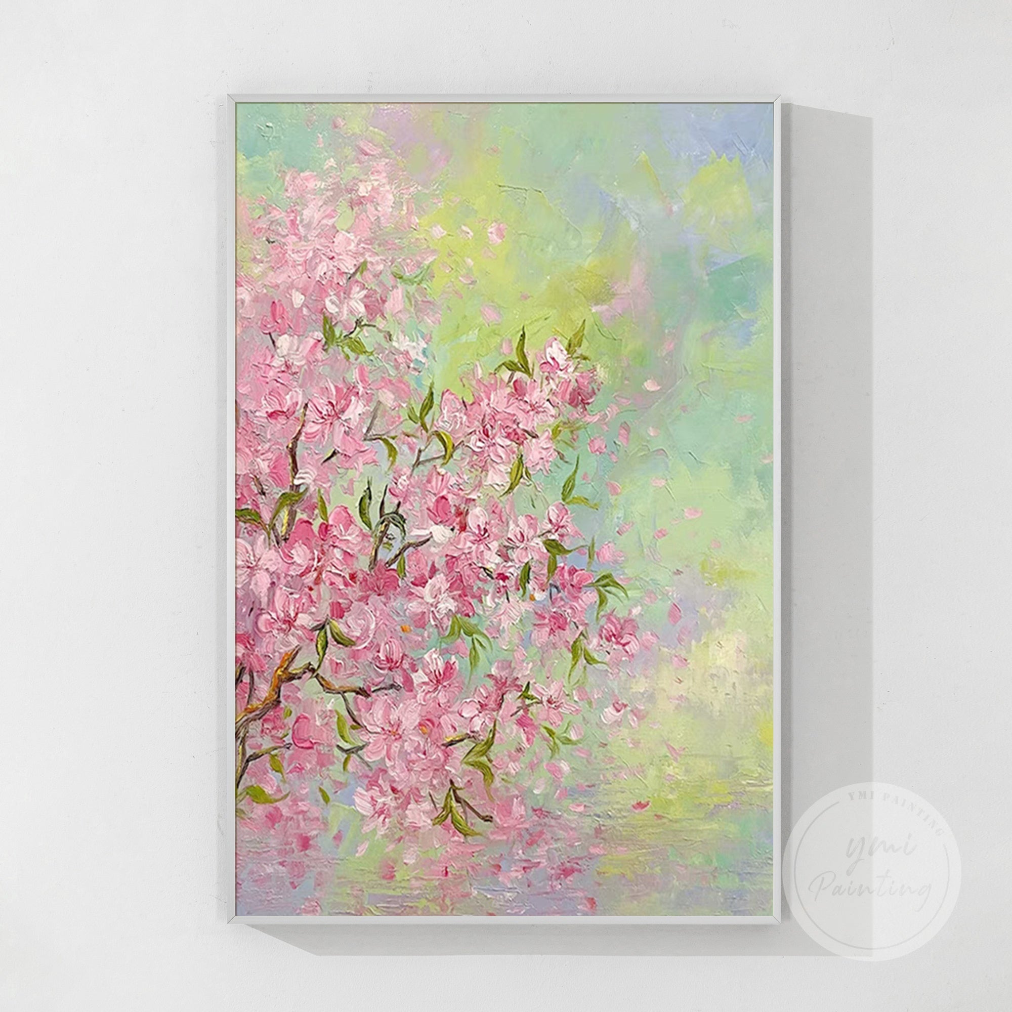 Romantic pink blossom oil painting with a delicate textured finish, creating harmony and charm.