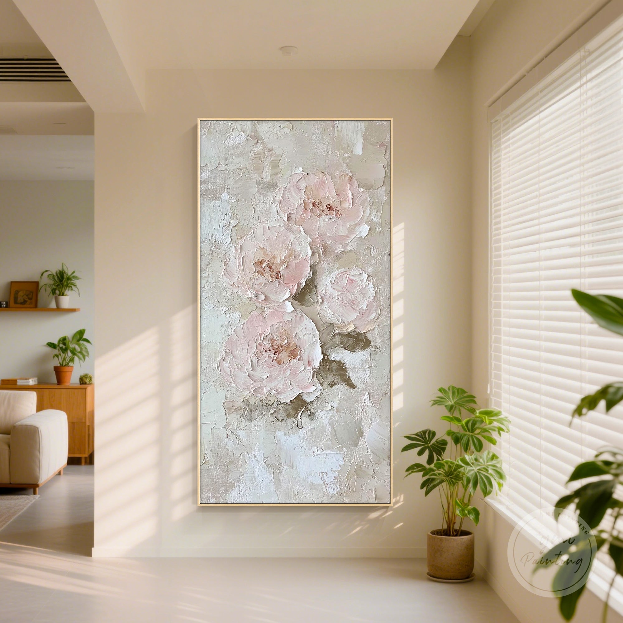 Beige pink floral painting in an abstract style, ideal for living rooms and bedrooms.
