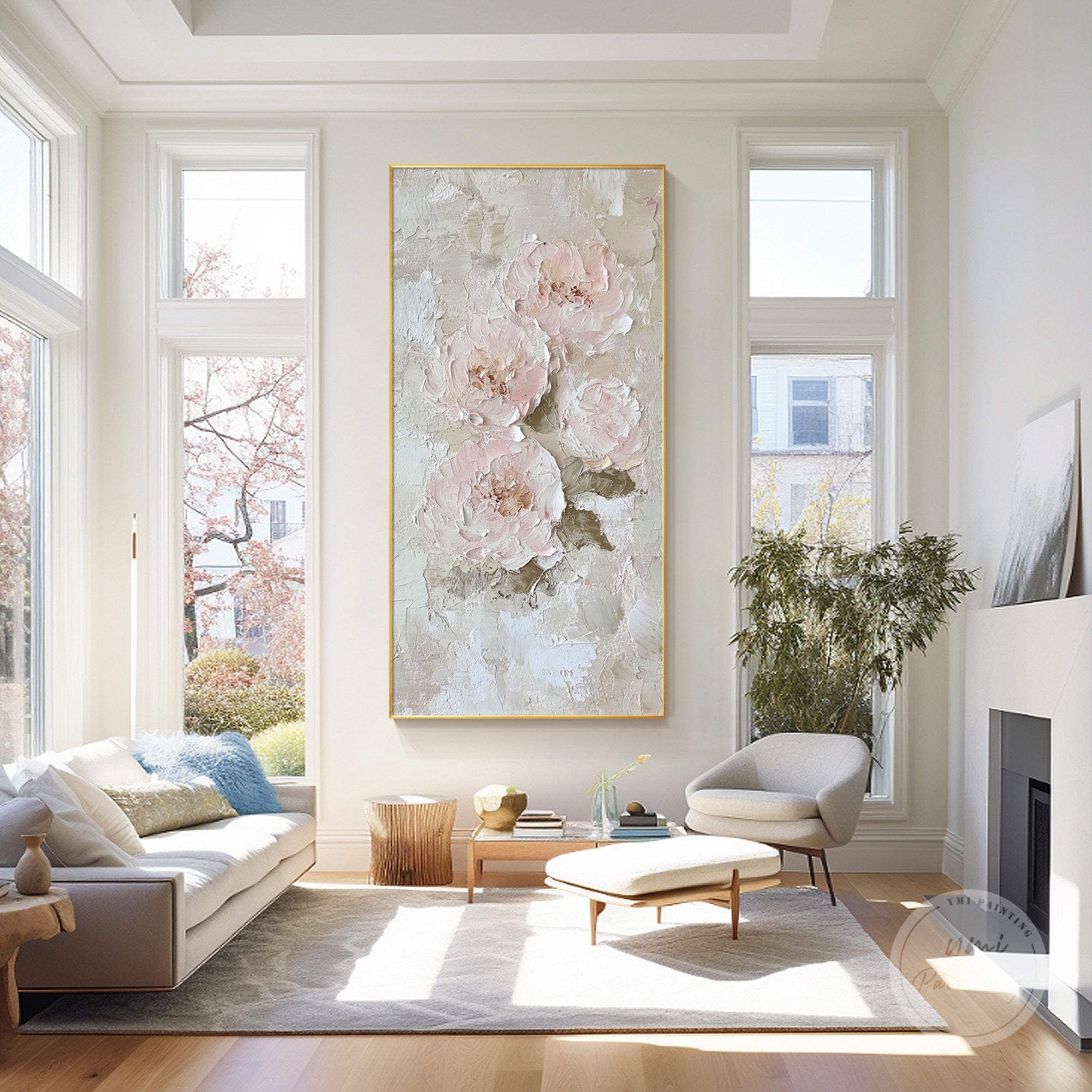 Modern textured floral painting with delicate pink petals and neutral beige backgrounds.