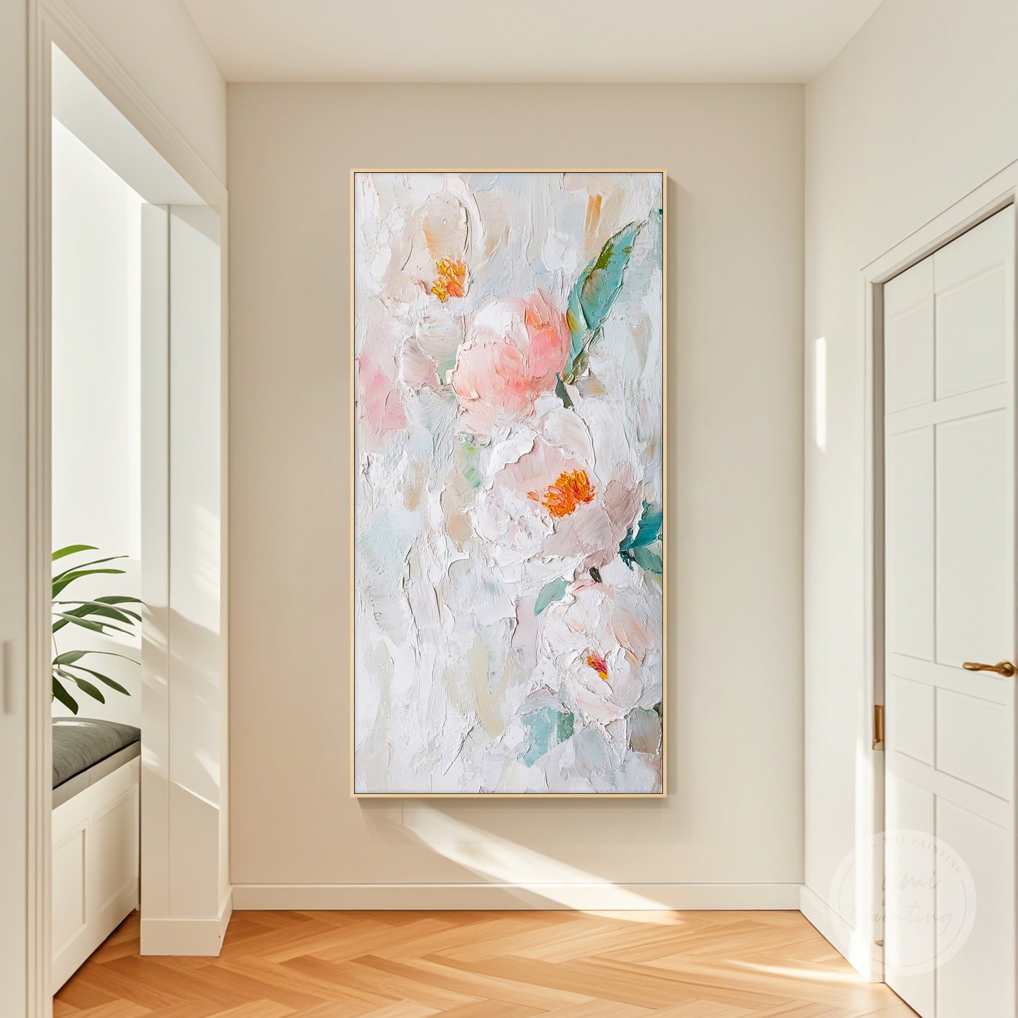 Beige pink floral canvas wall art with elegant textured details and soft abstract petals.