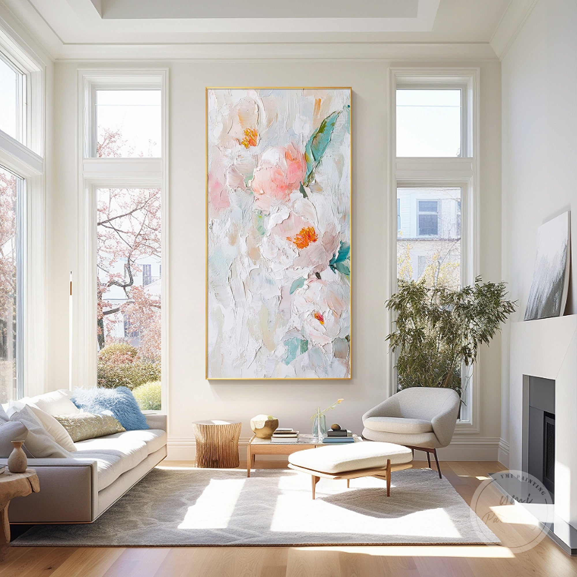 Hand-painted large floral canvas art with abstract flowers and a calm, elegant palette.