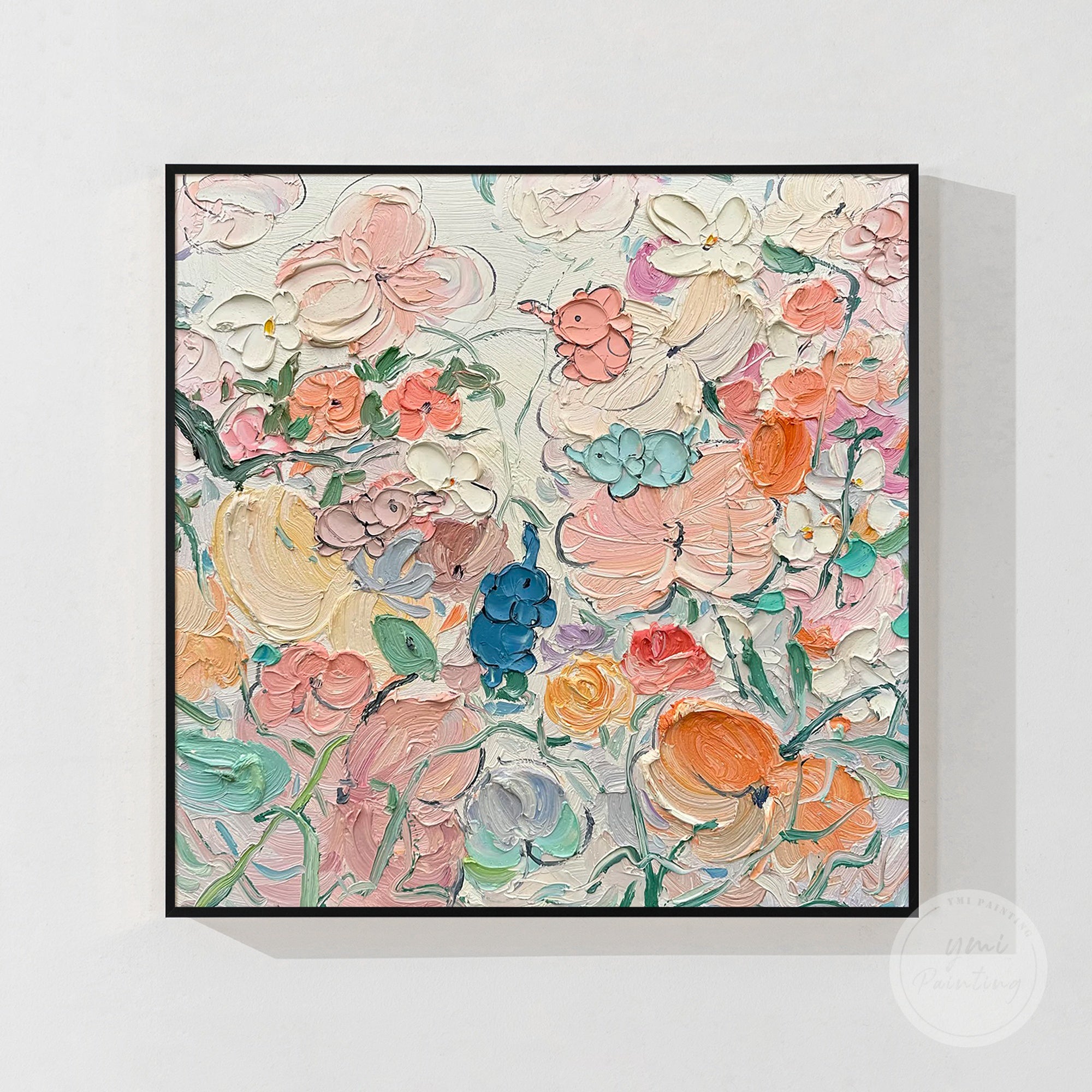 Contemporary floral oil painting with abstract flower shapes in pink and green.