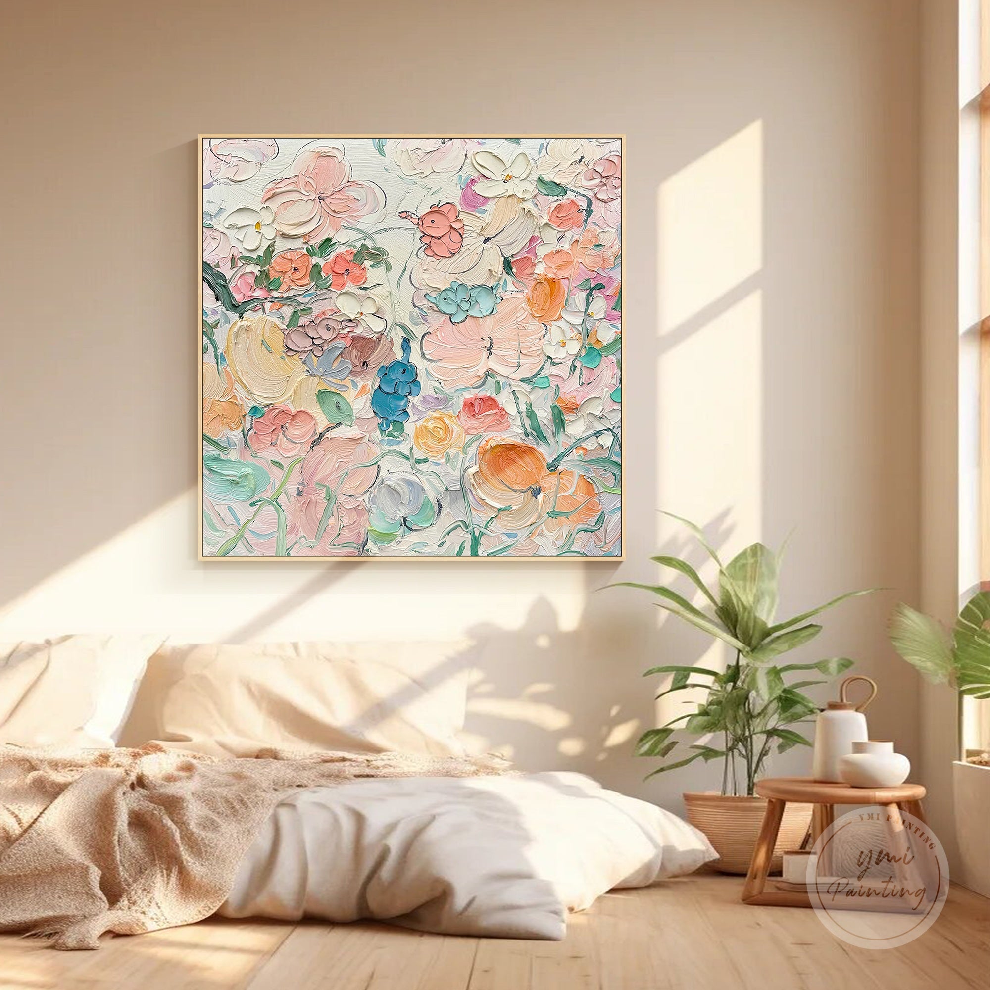 Pink and green floral oil painting with textured brushstrokes for elegant home décor.