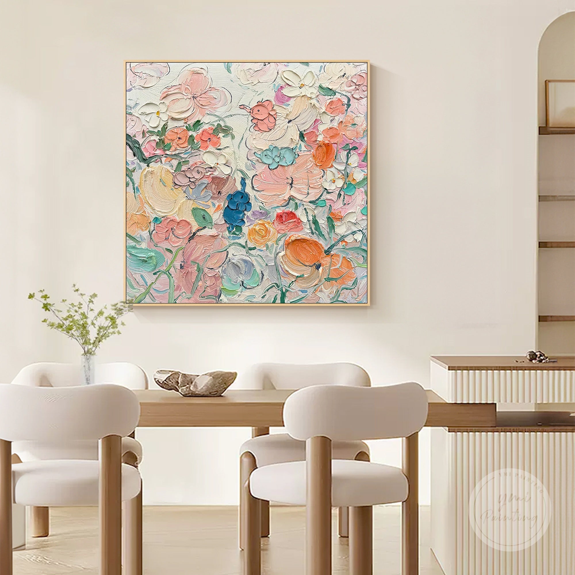 Soft pastel pink and green floral artwork, adding a calm and fresh feeling to any room.