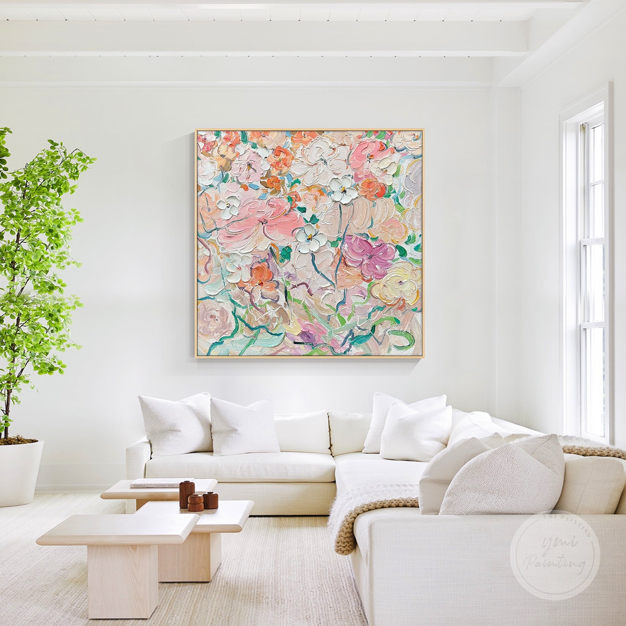 Soft pink and green flower canvas ideal for creating a calm bedroom atmosphere.