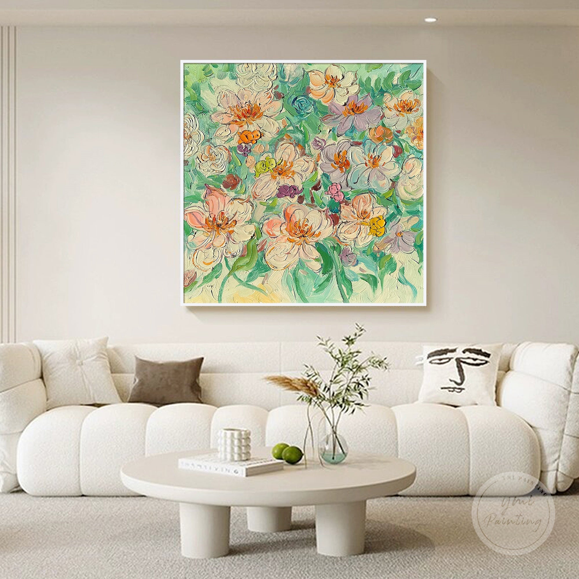 Abstract flower canvas art with pastel pink and green tones, perfect for bedroom décor.