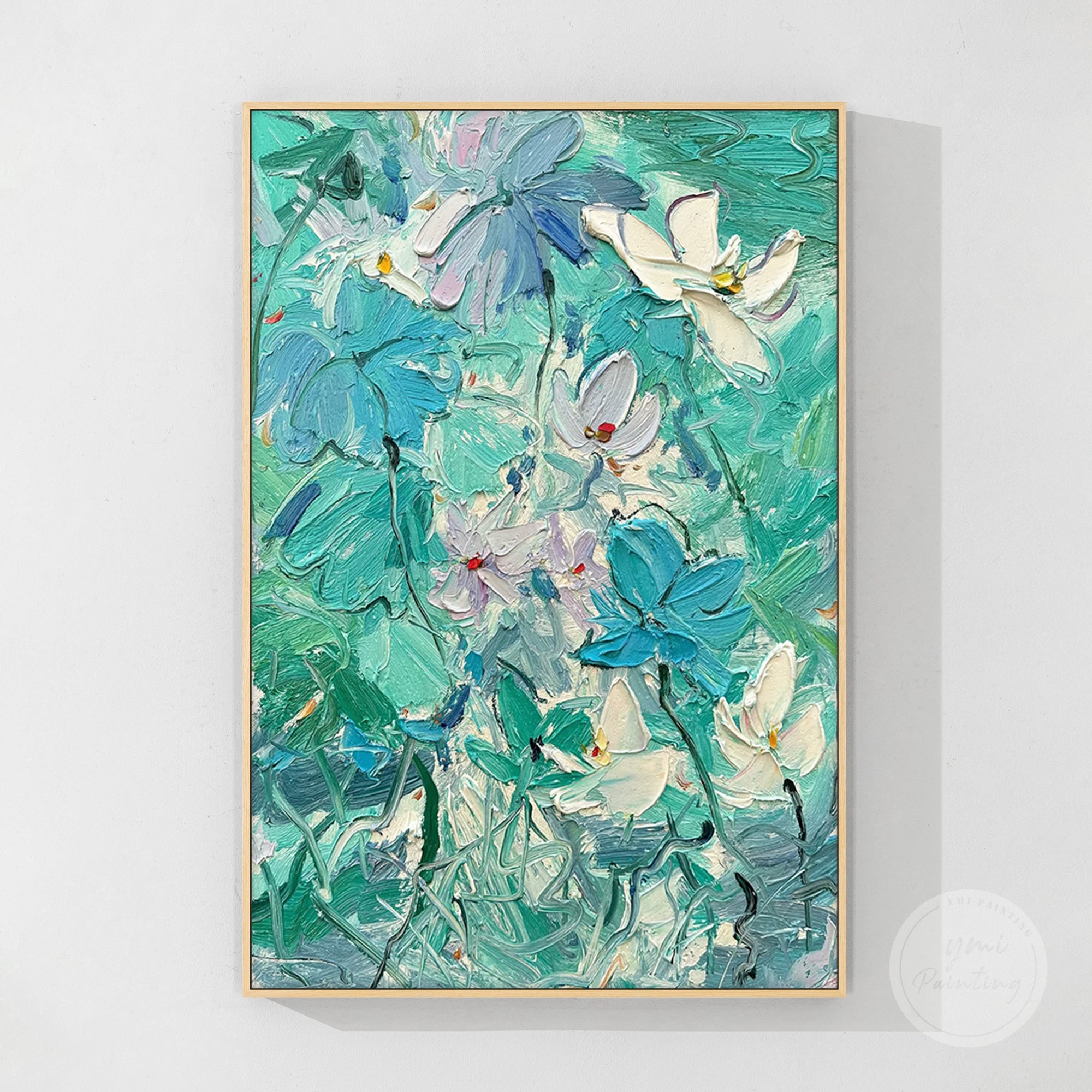 Teal flower painting with contemporary design, enhancing minimalist or luxury spaces.