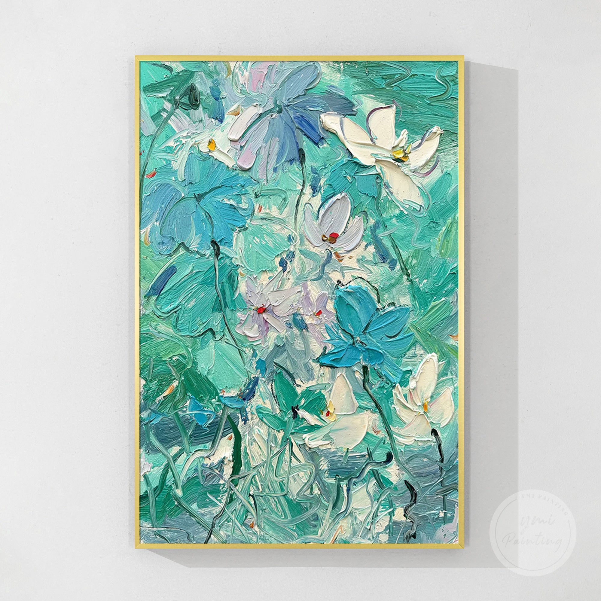 Abstract teal flower piece with layered brushwork for visual depth and elegance.