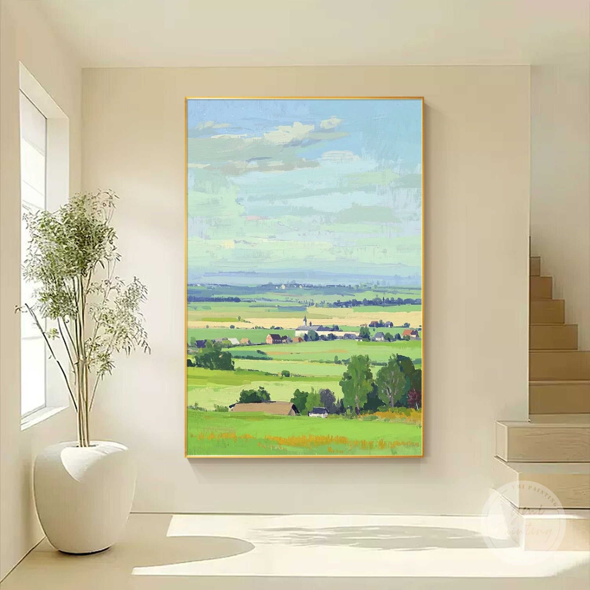 Impressionist canvas wall art featuring red-roofed cottages and white church