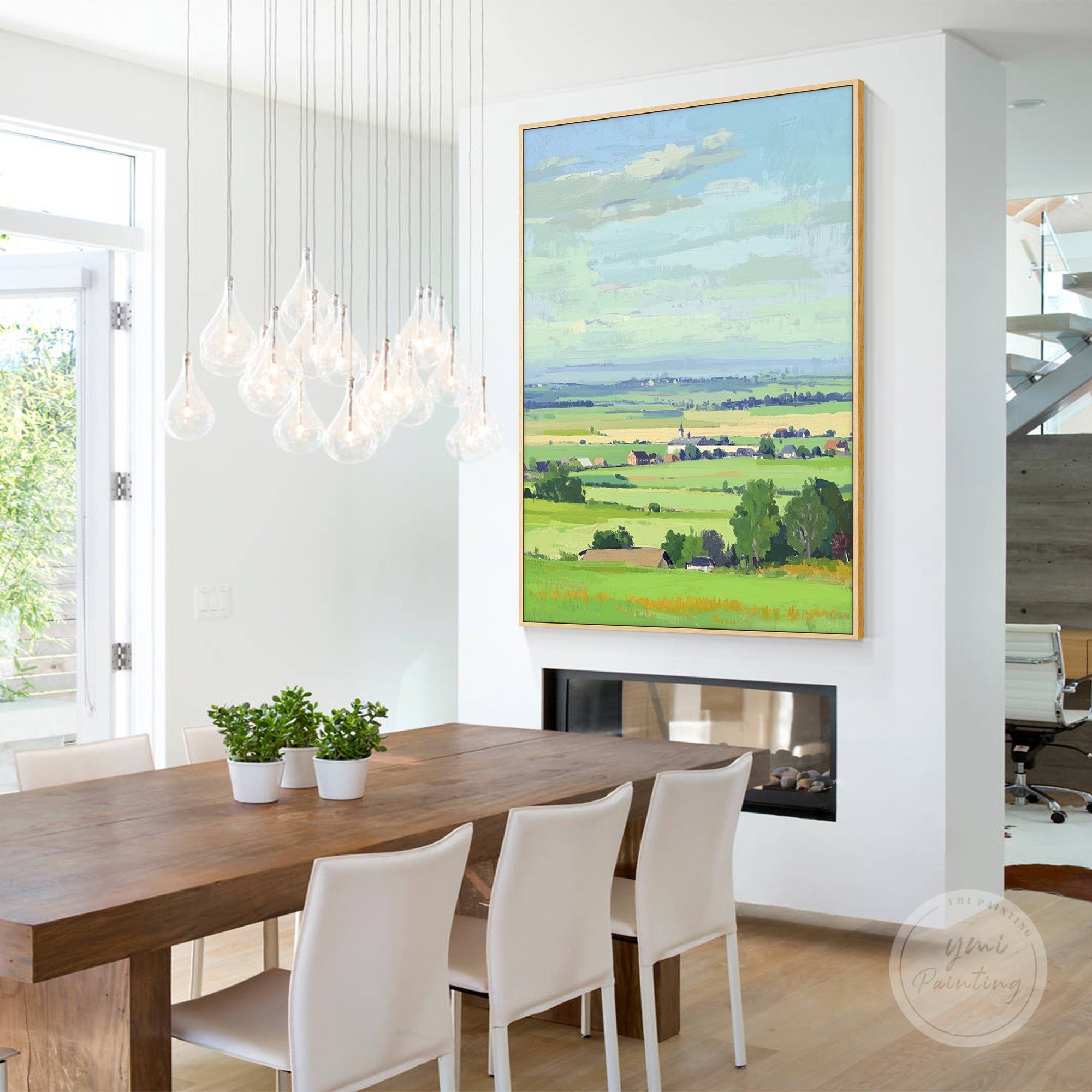 Thick impasto brushstrokes highlighting texture of grass and fields