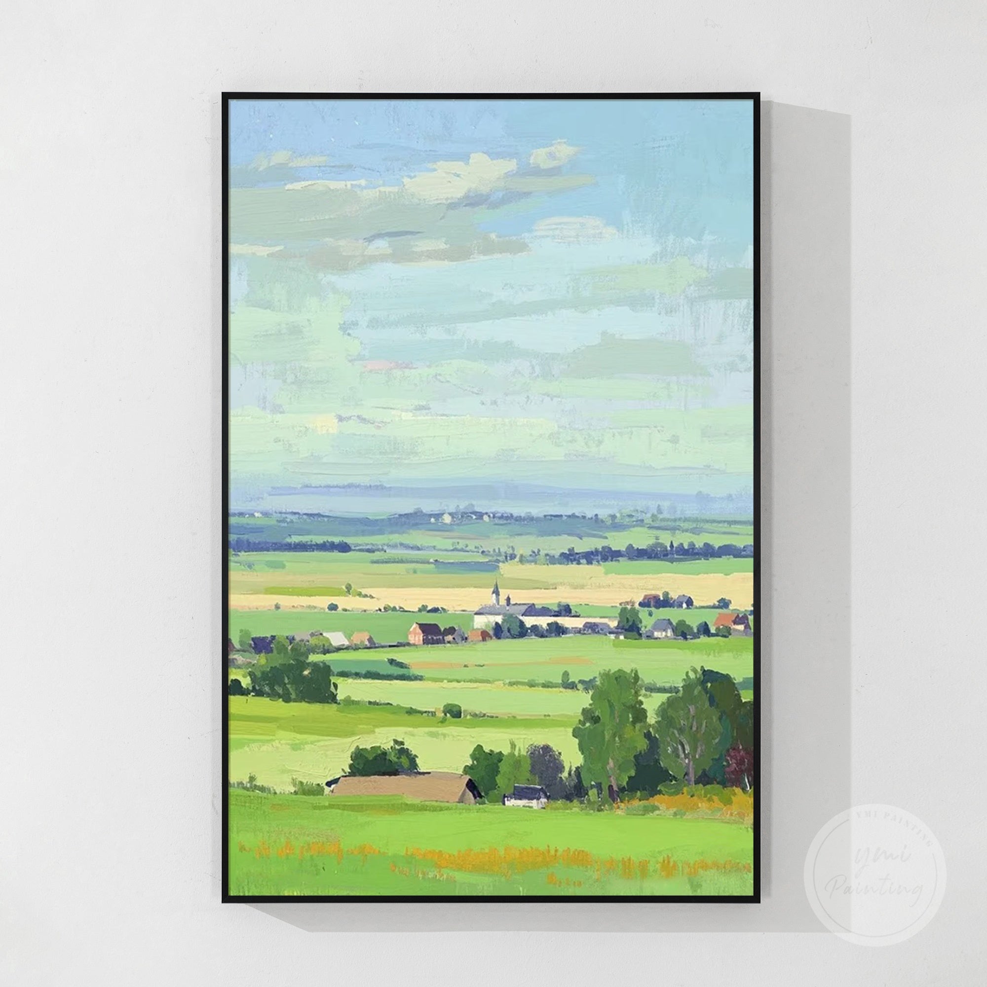 Layered color technique showing depth from foreground to distant hills