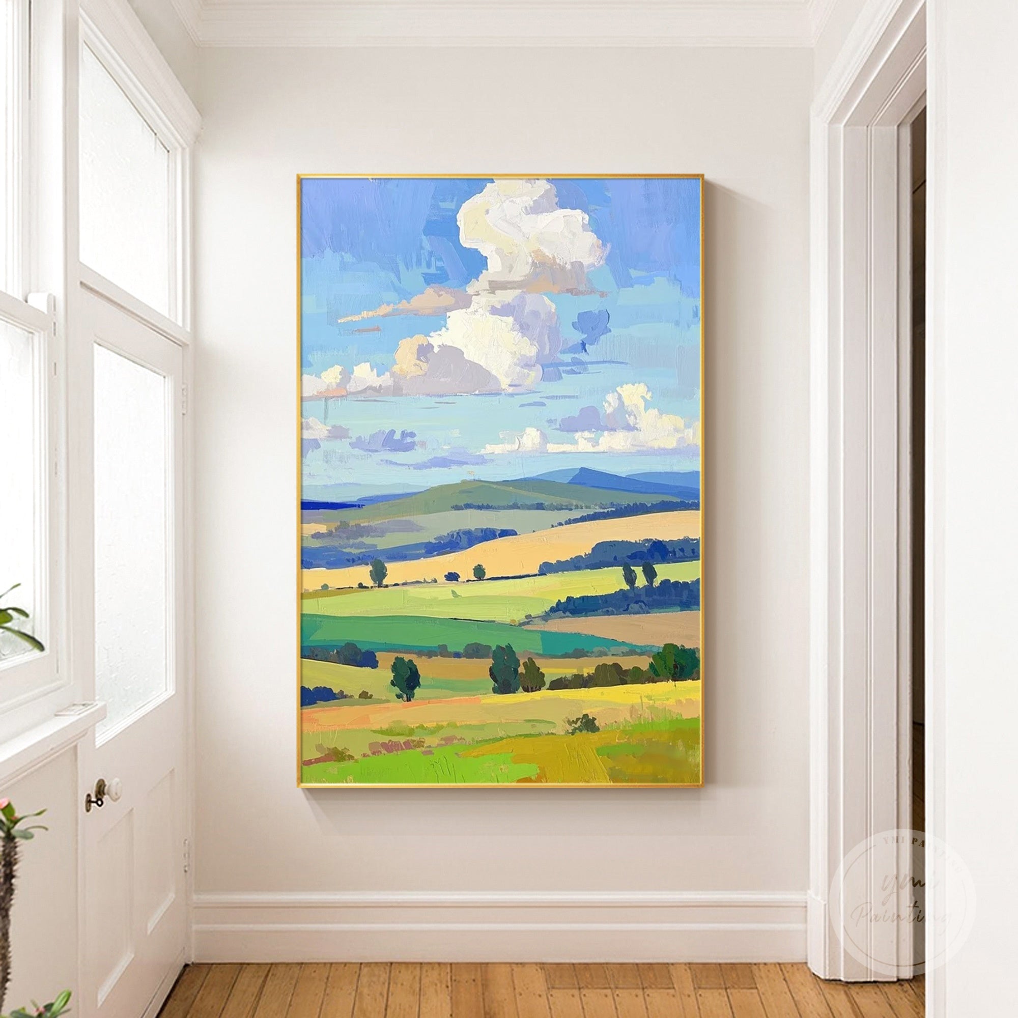Panoramic landscape painting with sunlit grassy foreground