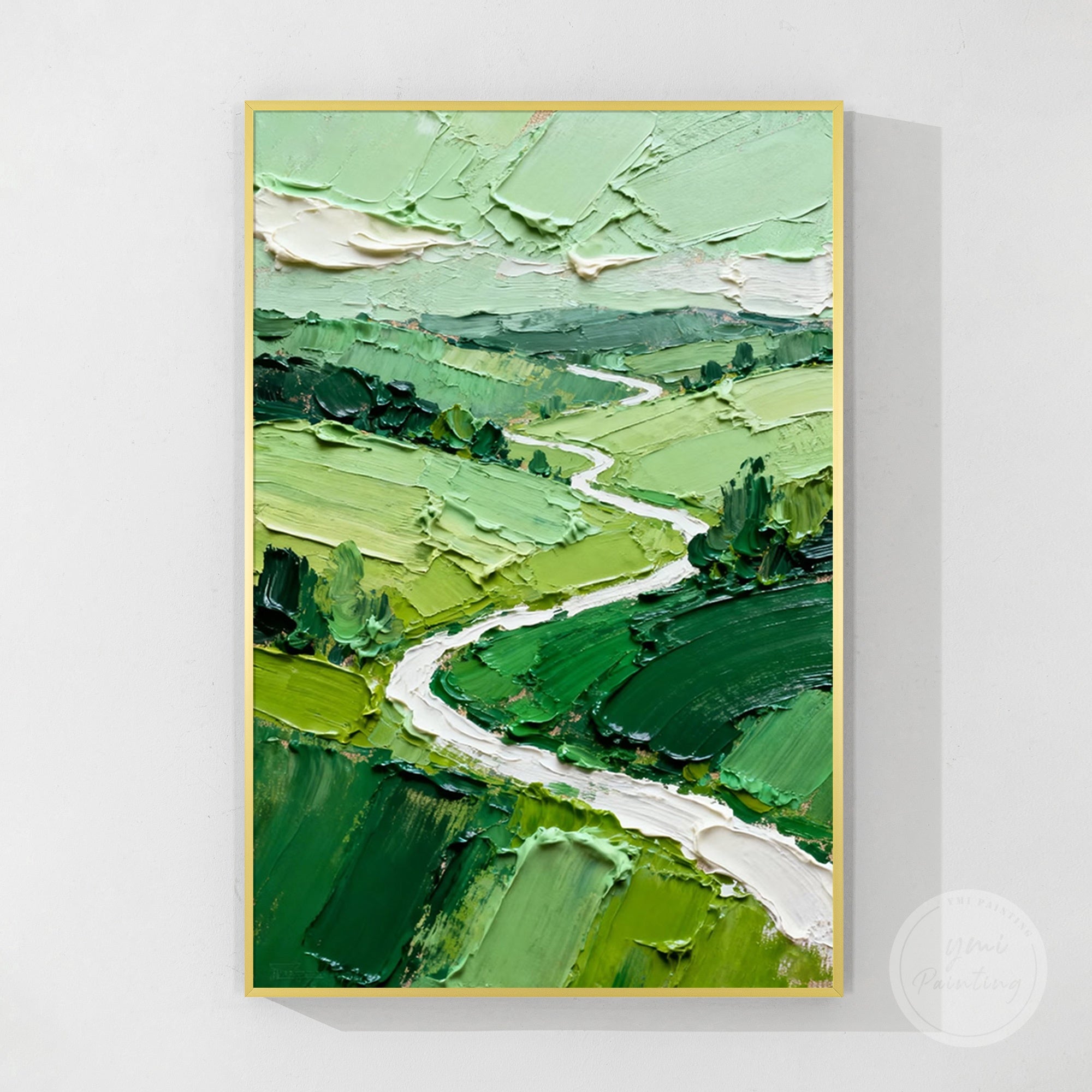 Hand-painted expressionist landscape canvas with harmonious green and white palette