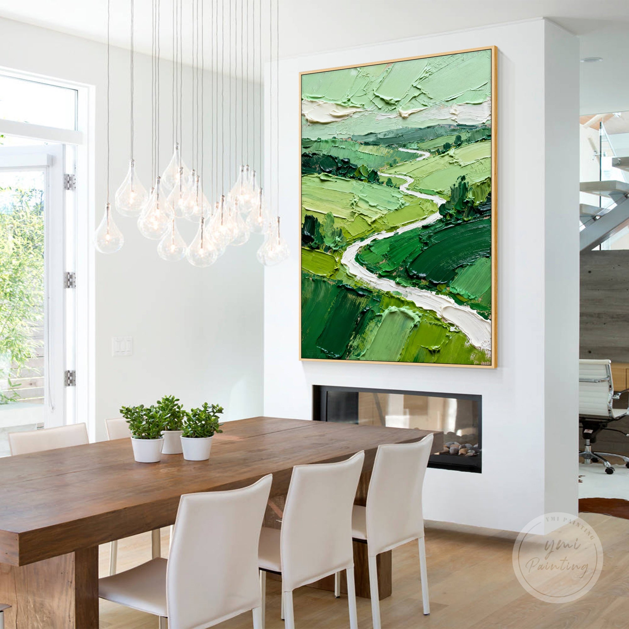 Thick impasto brushstrokes creating texture and depth in grassy fields