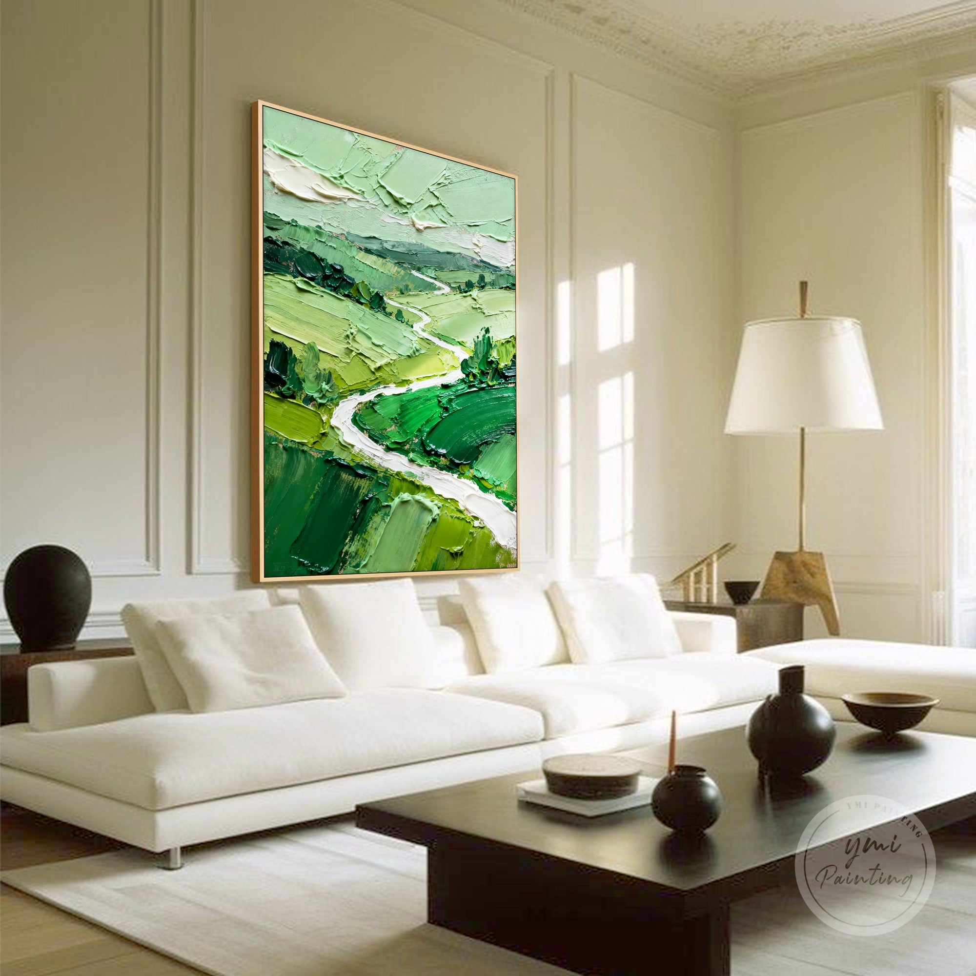 Close-up of textured green hills with layered color blocks and impasto strokes