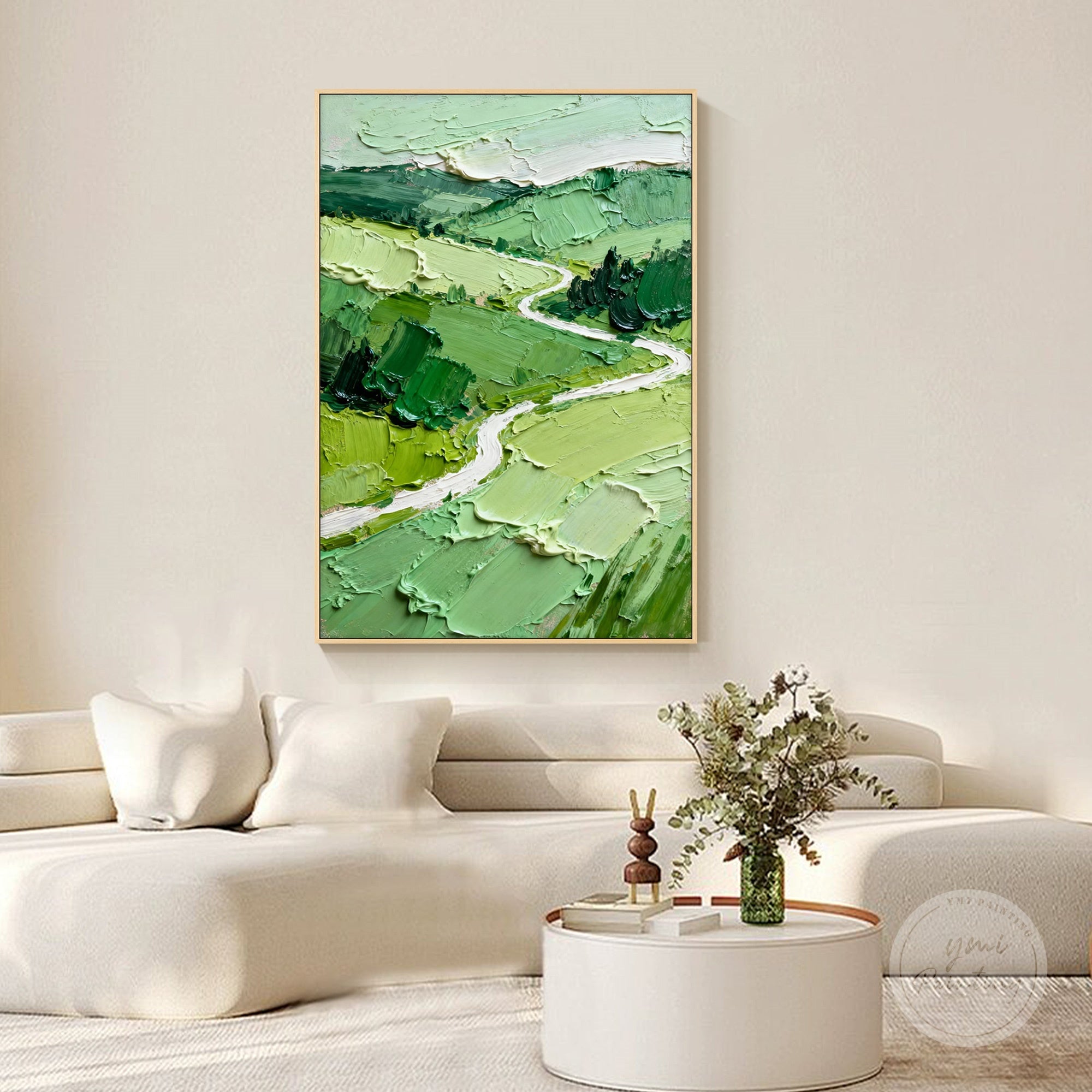 Original oil painting with layered deep green, light green, and yellow-green hills