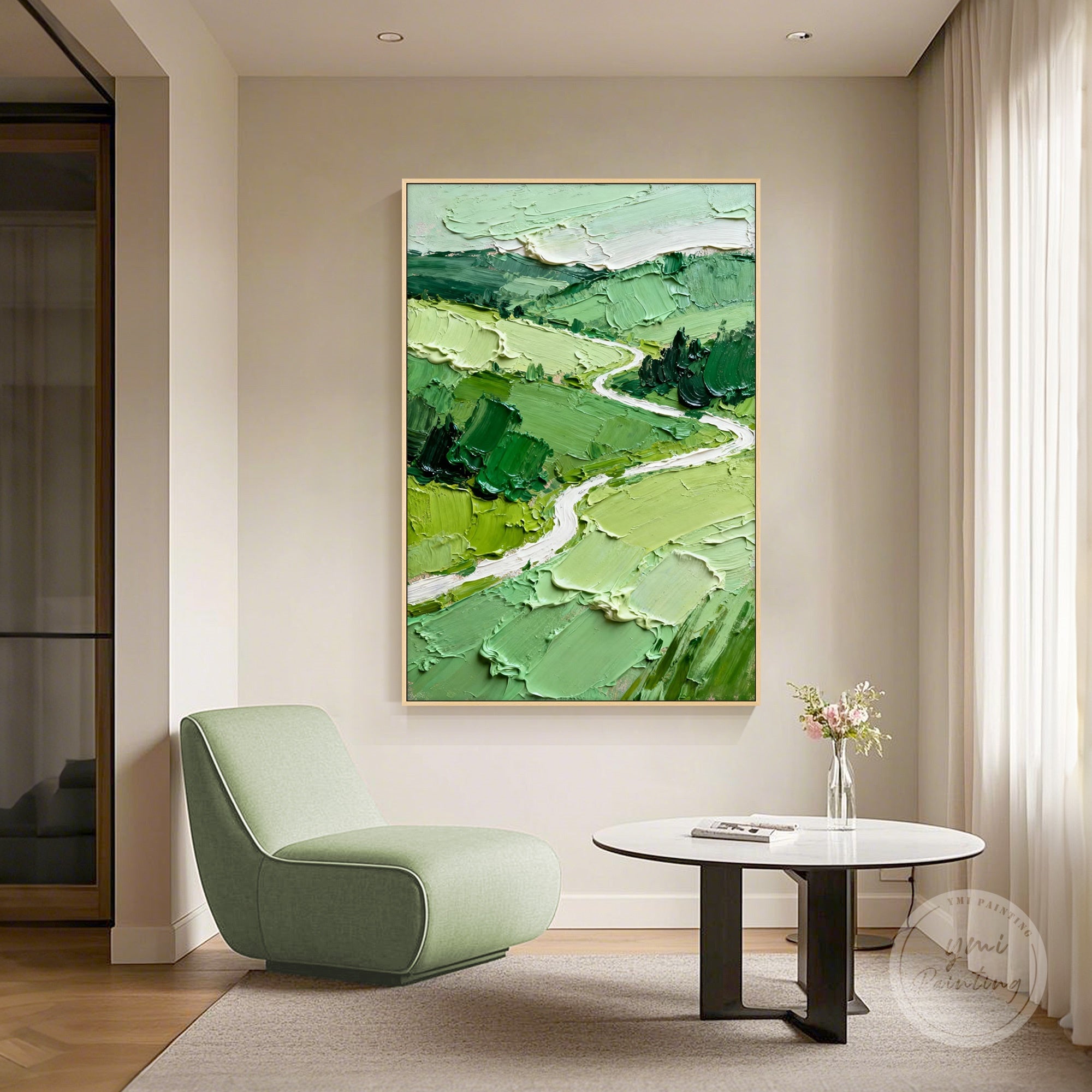 Panoramic landscape painting with diagonal composition and S-shaped path