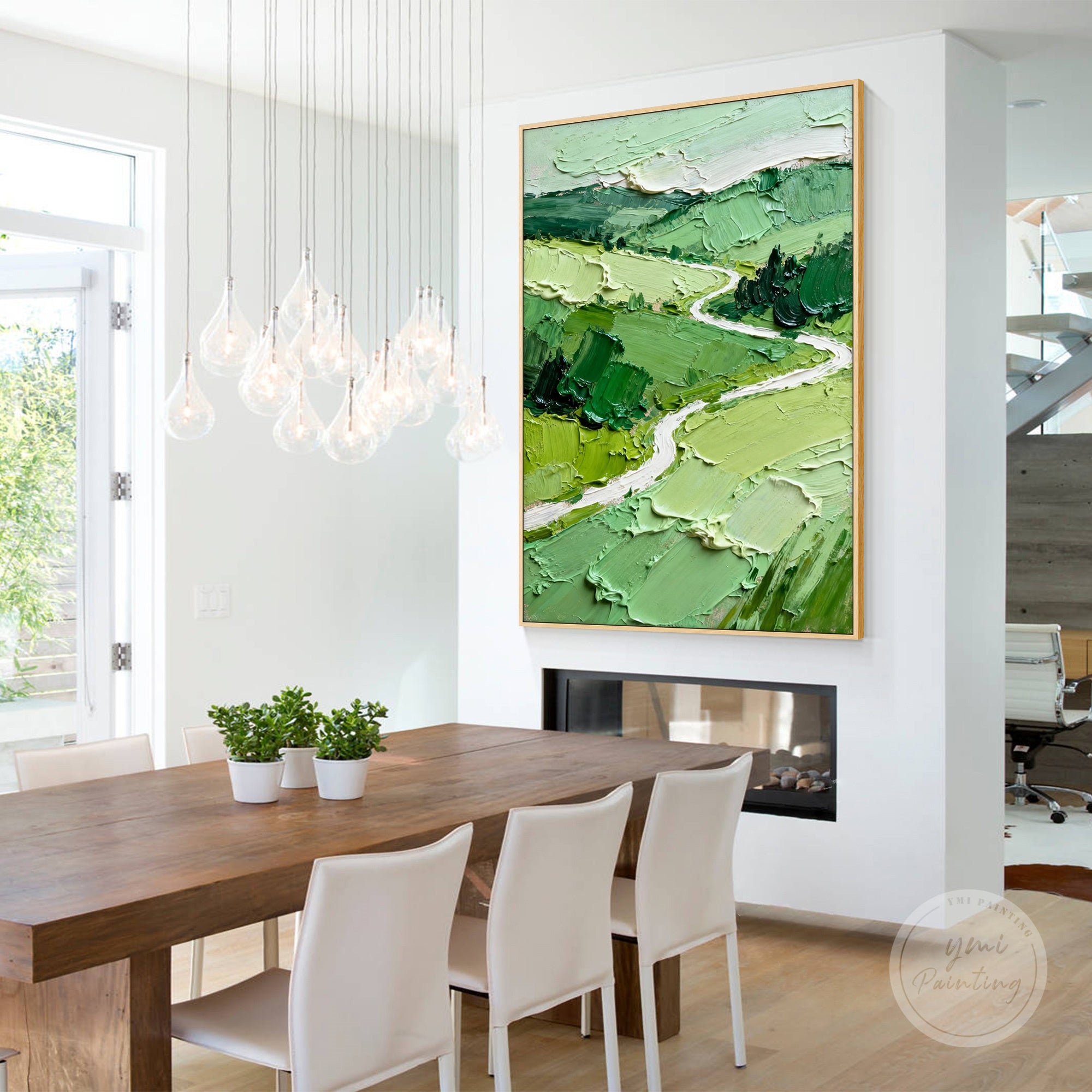 Thick impasto brushstrokes creating texture and depth in grassy fields