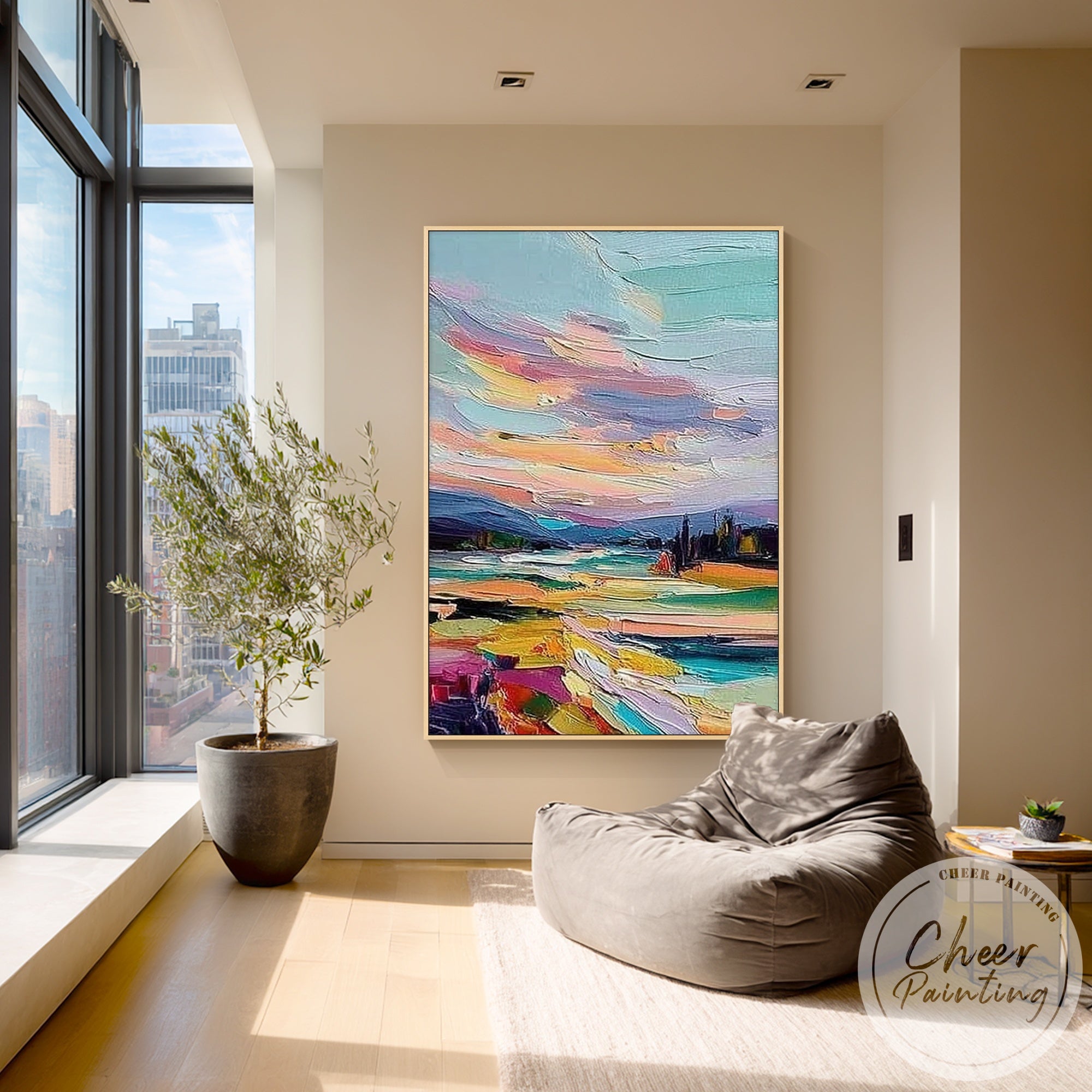 colorful nature painting with river and hills