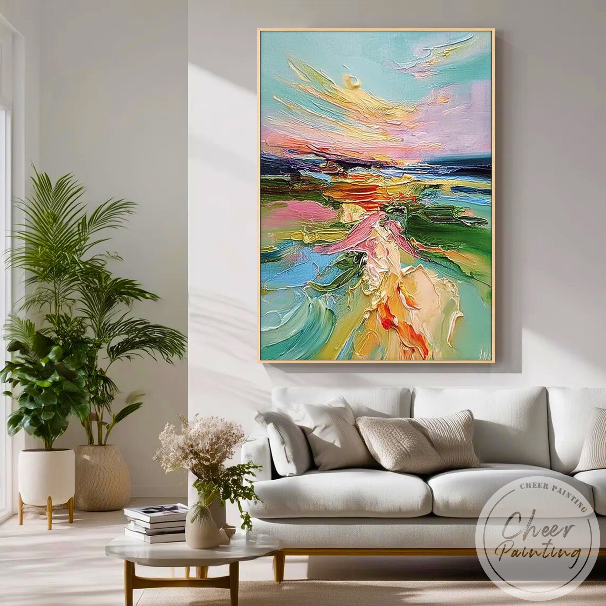 artistic abstract sunset painting textured canvas