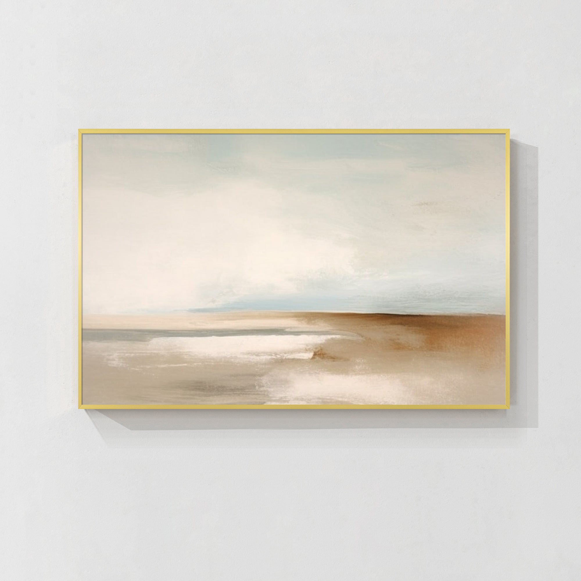 Elegant beige and white beach landscape painting framed in wood, perfect for modern or minimalist spaces.